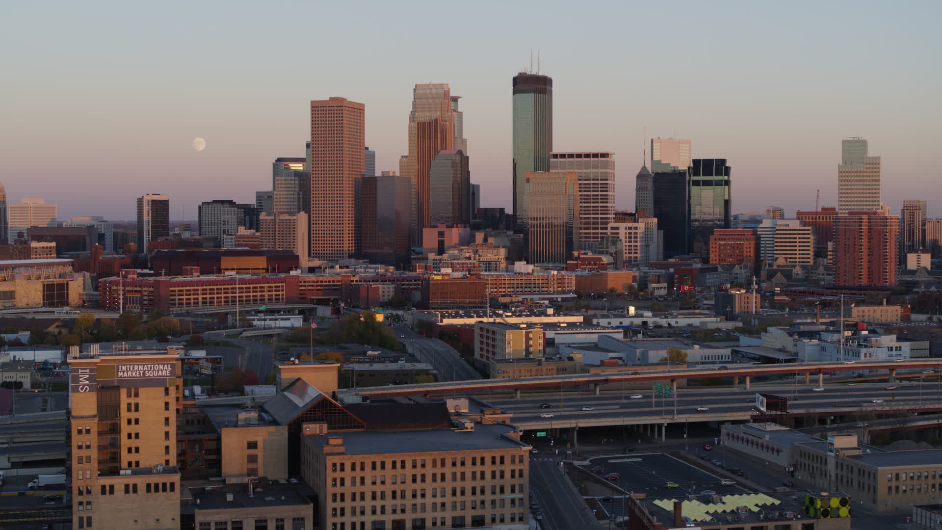 5.7K stock footage aerial video reverse view of the city's skyline at