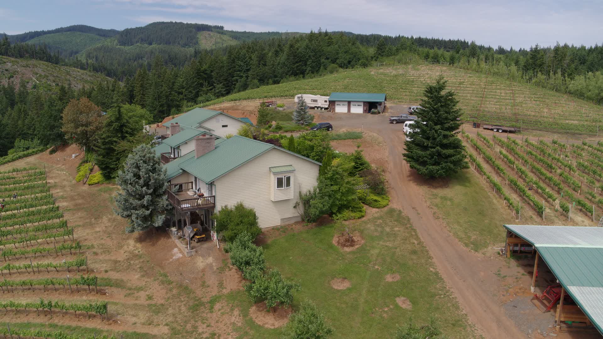 5.7K stock footage aerial video of hilltop buildings and grapevines at Phelps Creek Vineyards