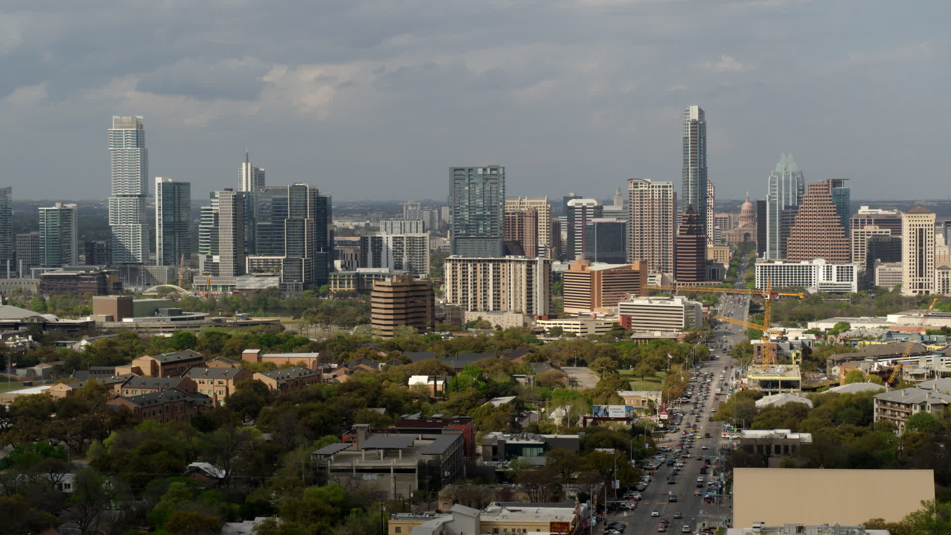 5.7K stock footage aerial video of Congress Avenue leading to the city