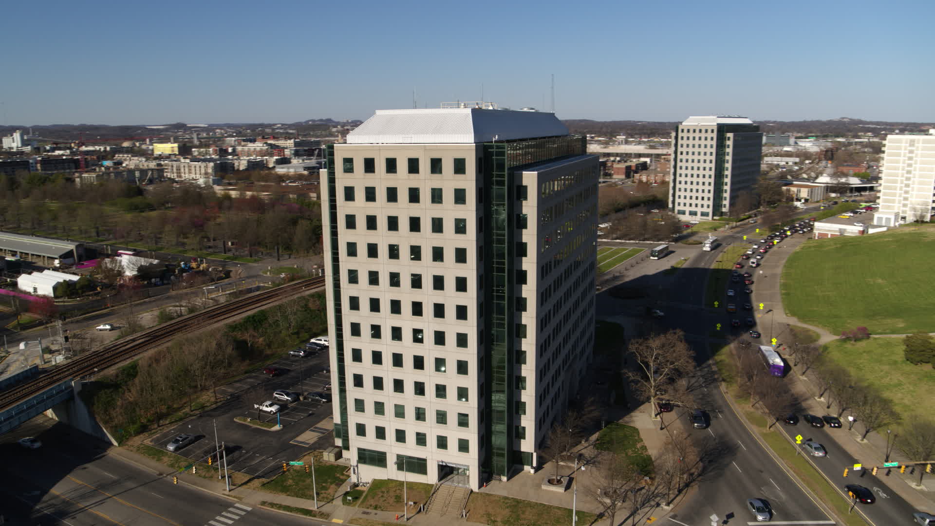 5.7K stock footage aerial video orbit Andrew Johnson Tower, a