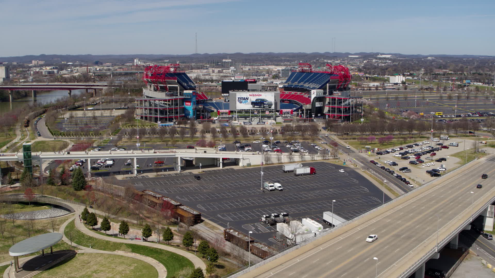 5.7K stock footage aerial video of Nissan Stadium while descending near