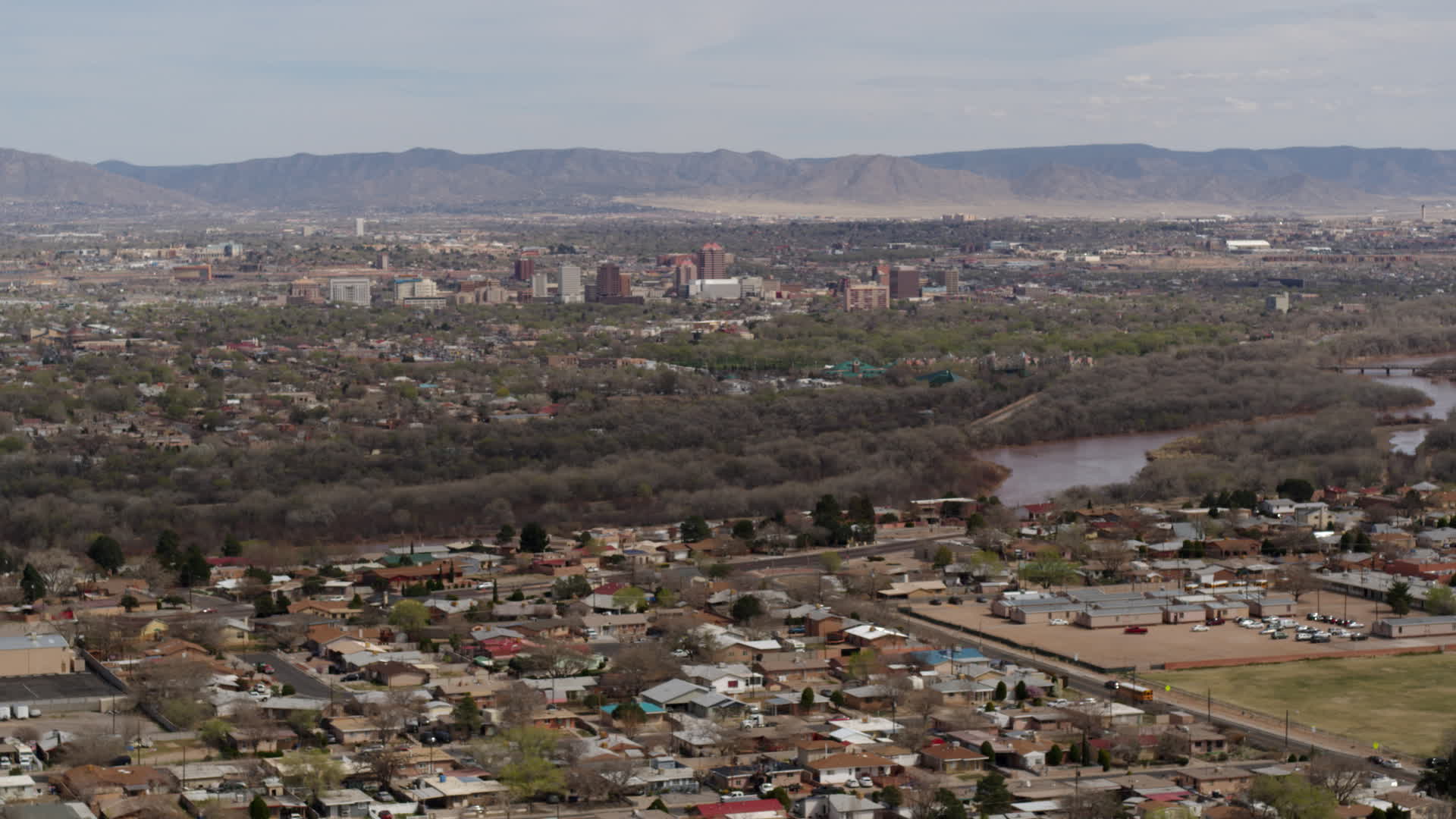 5.7K stock footage aerial video of Downtown Albuquerque beyond Rio