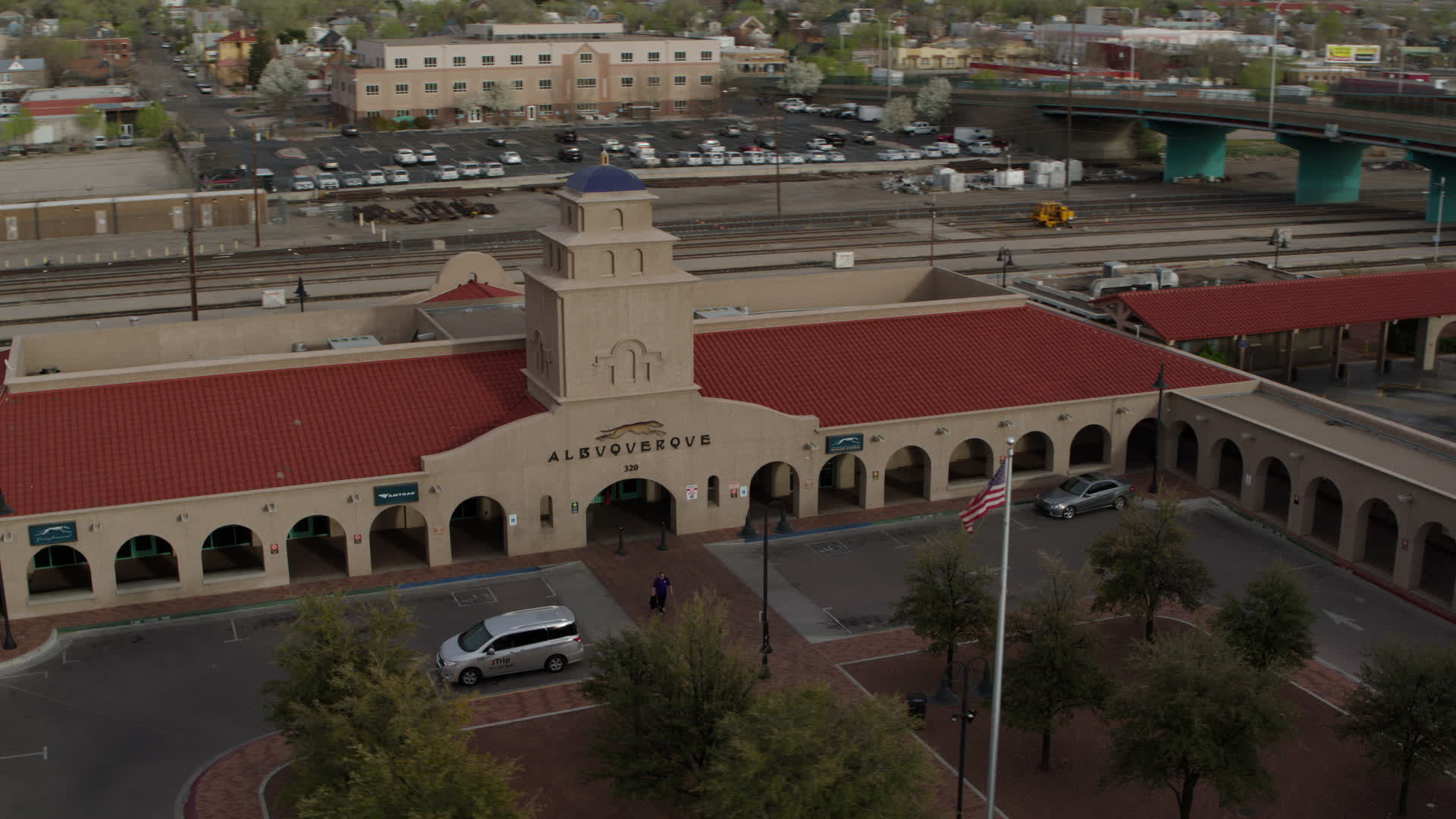 5.7K stock footage aerial video of an orbit of the Albuquerque train station, Downtown