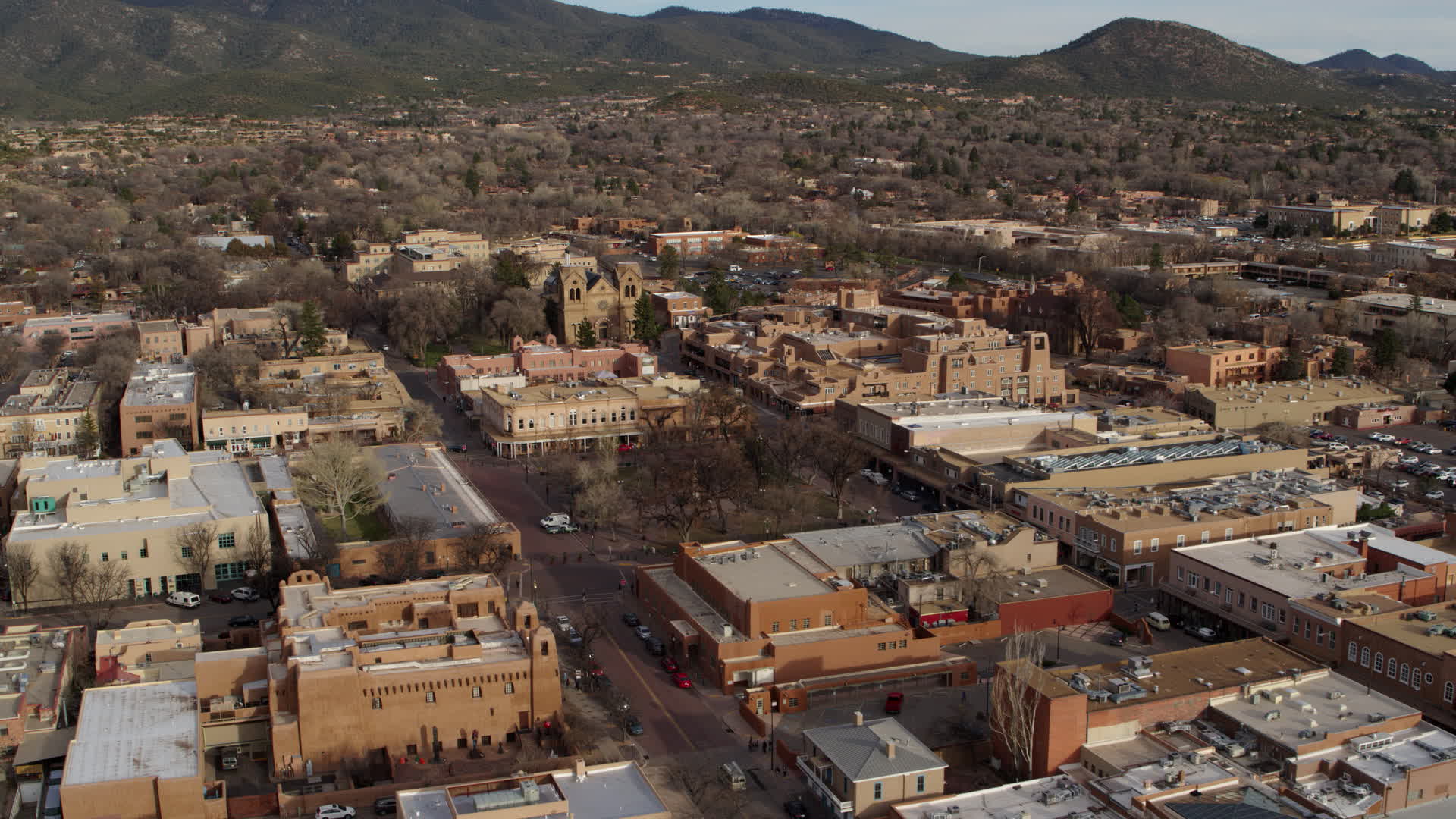 5.7K stock footage aerial video of a reverse view of Santa Fe Plaza in