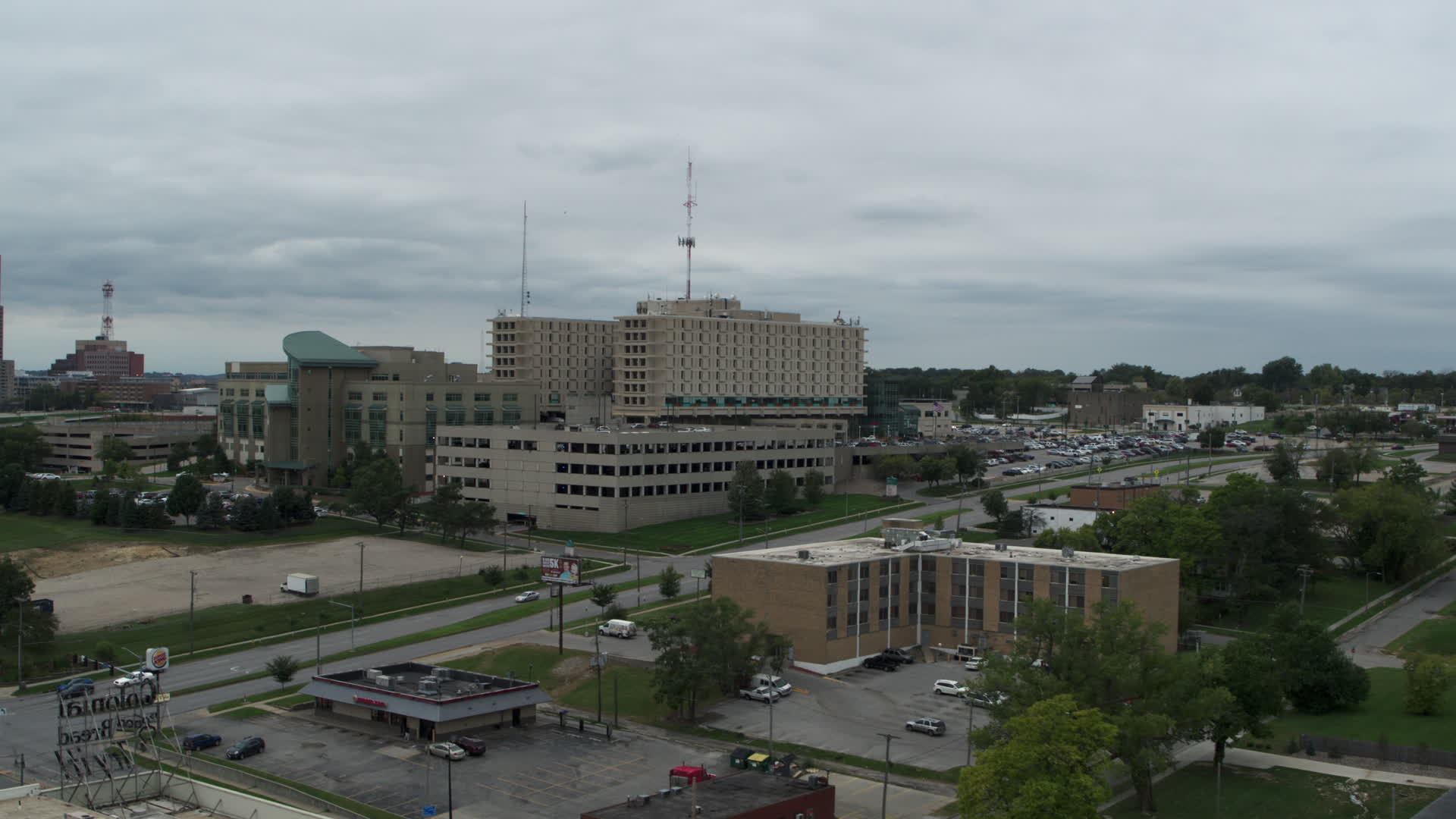 5.7K stock footage aerial video of orbiting a hospital in Des Moines