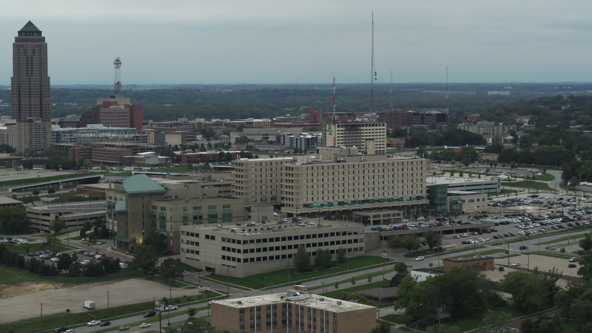 5.7K stock footage aerial video orbit side of a hospital in Des Moines
