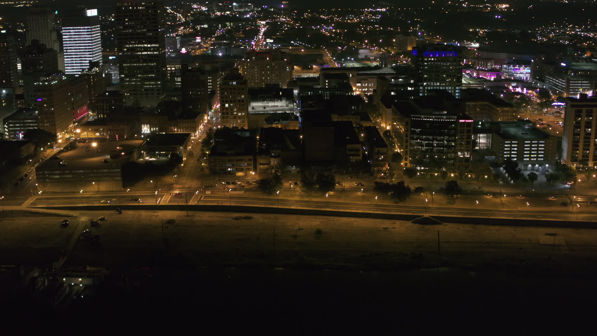 5-7k-stock-footage-aerial-video-orbit-office-buildings-and-riverside