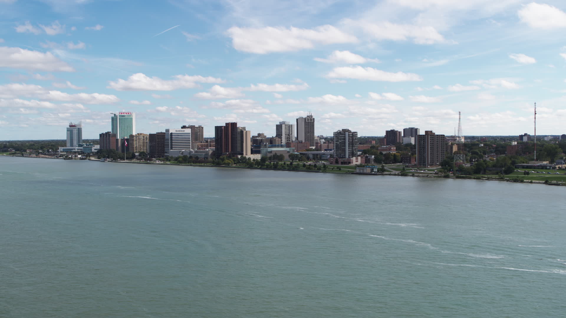 5.7K stock footage aerial video of the skyline of Windsor, Ontario
