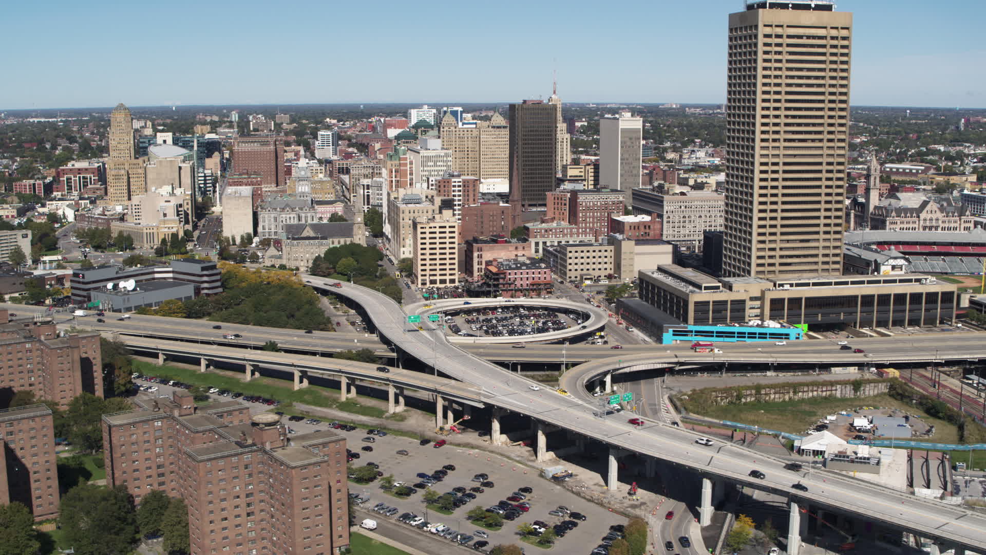 5.7K stock footage aerial video of I190 by city buildings and Seneca