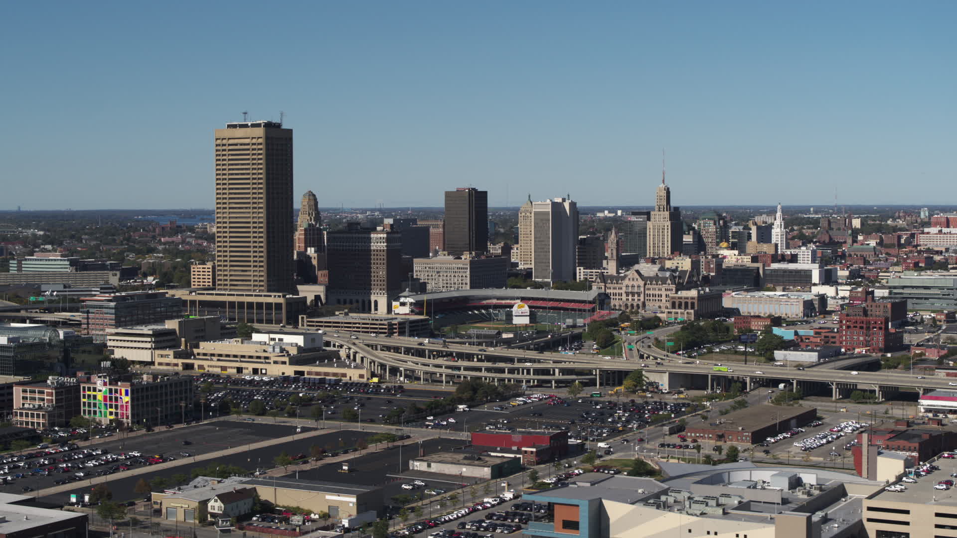 5.7K stock footage aerial video of the city's skyline behind Sahlen