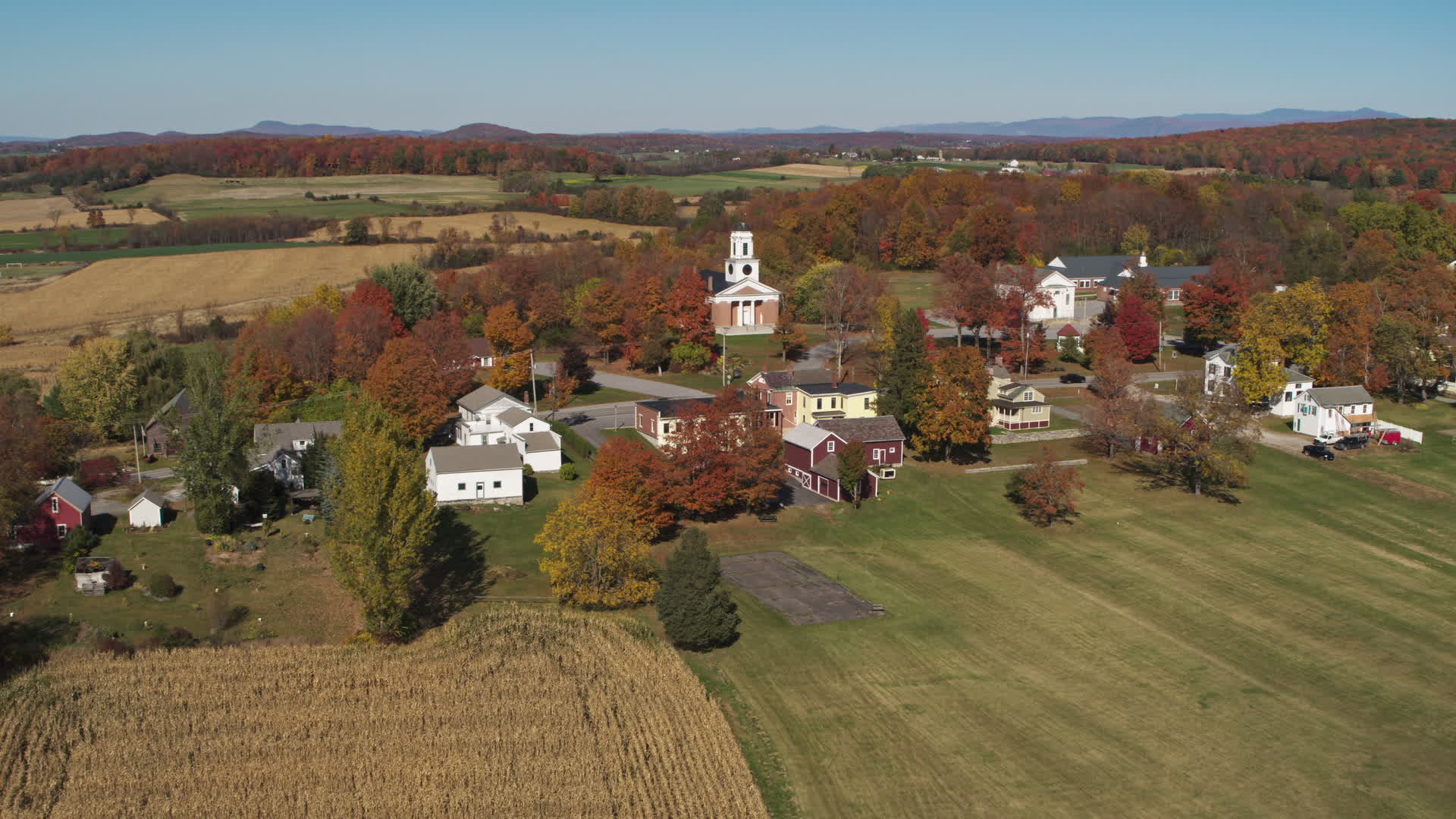 5.7K stock footage aerial video of a church in the small town of Orwell, Vermont Aerial Stock