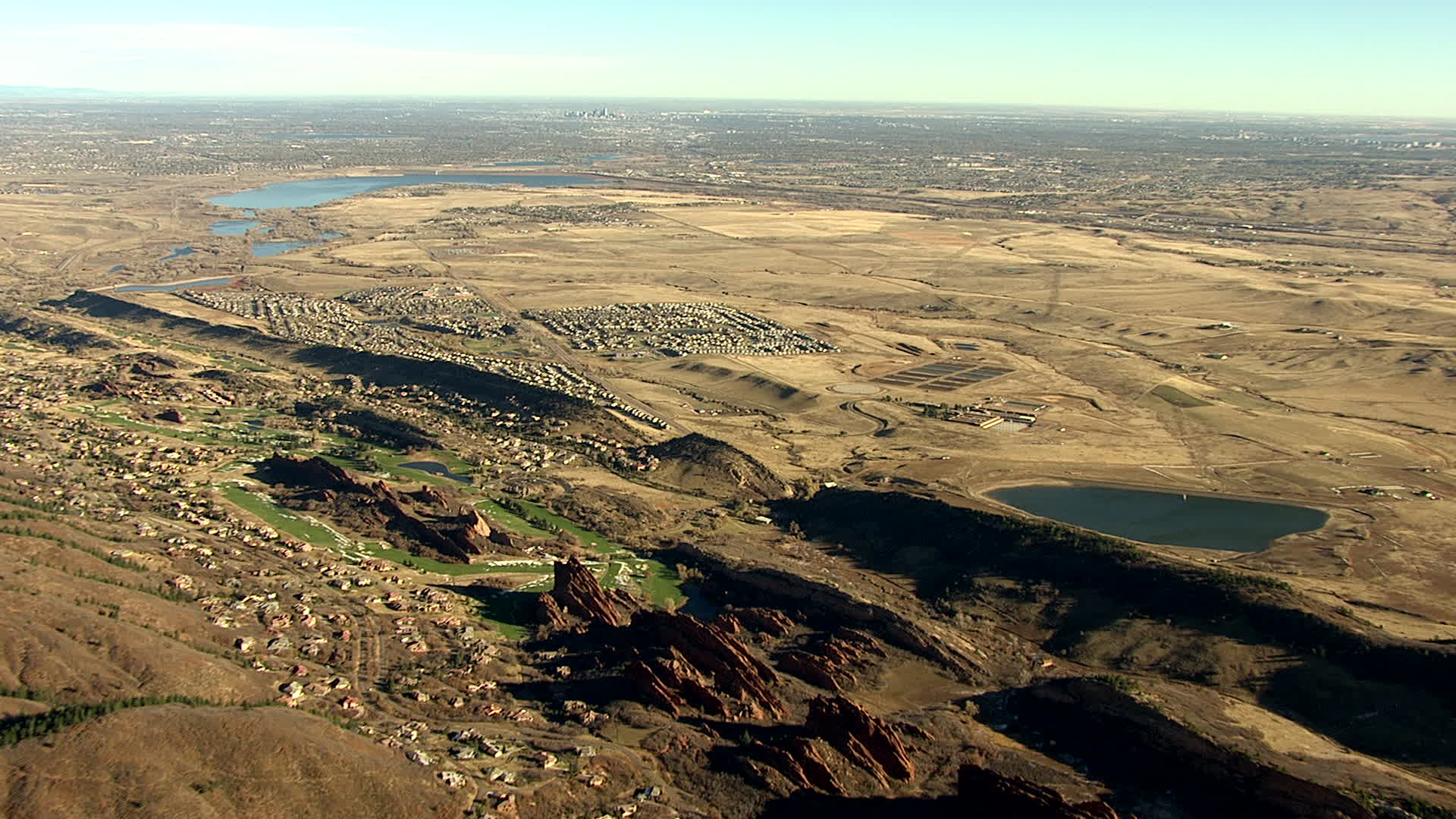 HD stock footage aerial video of Roxborough Park and reservoirs, zoom