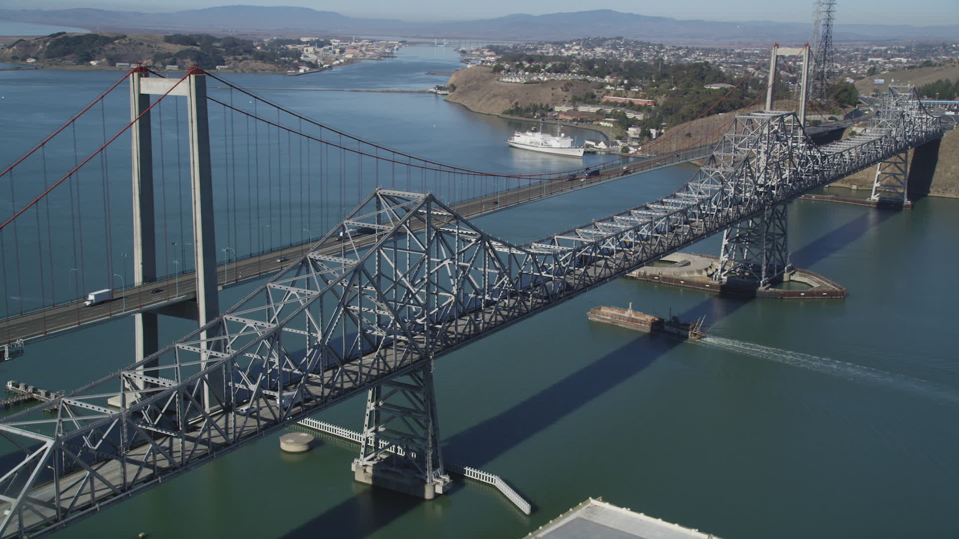 5K stock footage aerial video of flying by both spans of the Carquinez