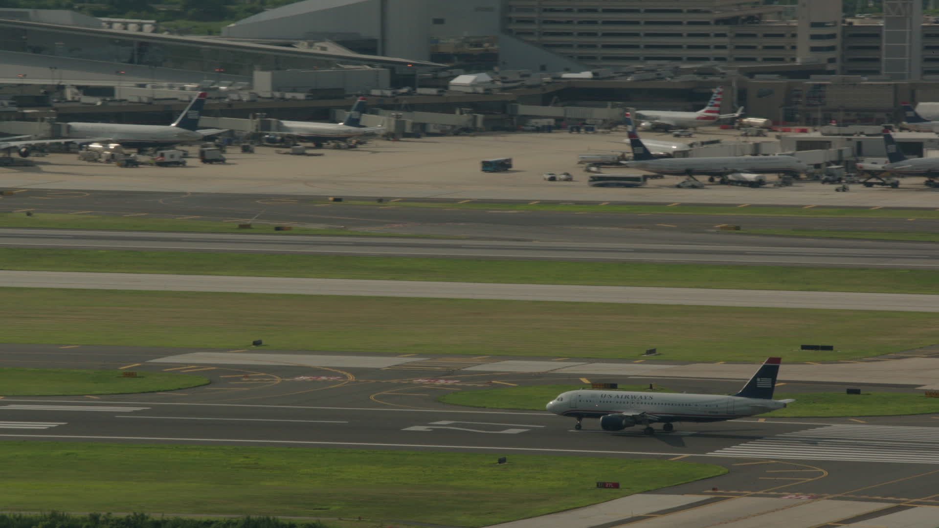 HD stock footage aerial video of a commercial airplane on the runway at