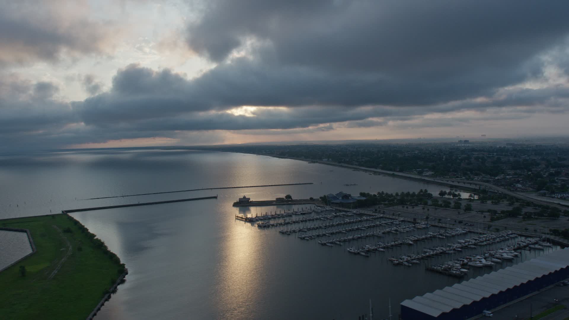 4K stock footage aerial video of Lake Pontchartrain and a marina at