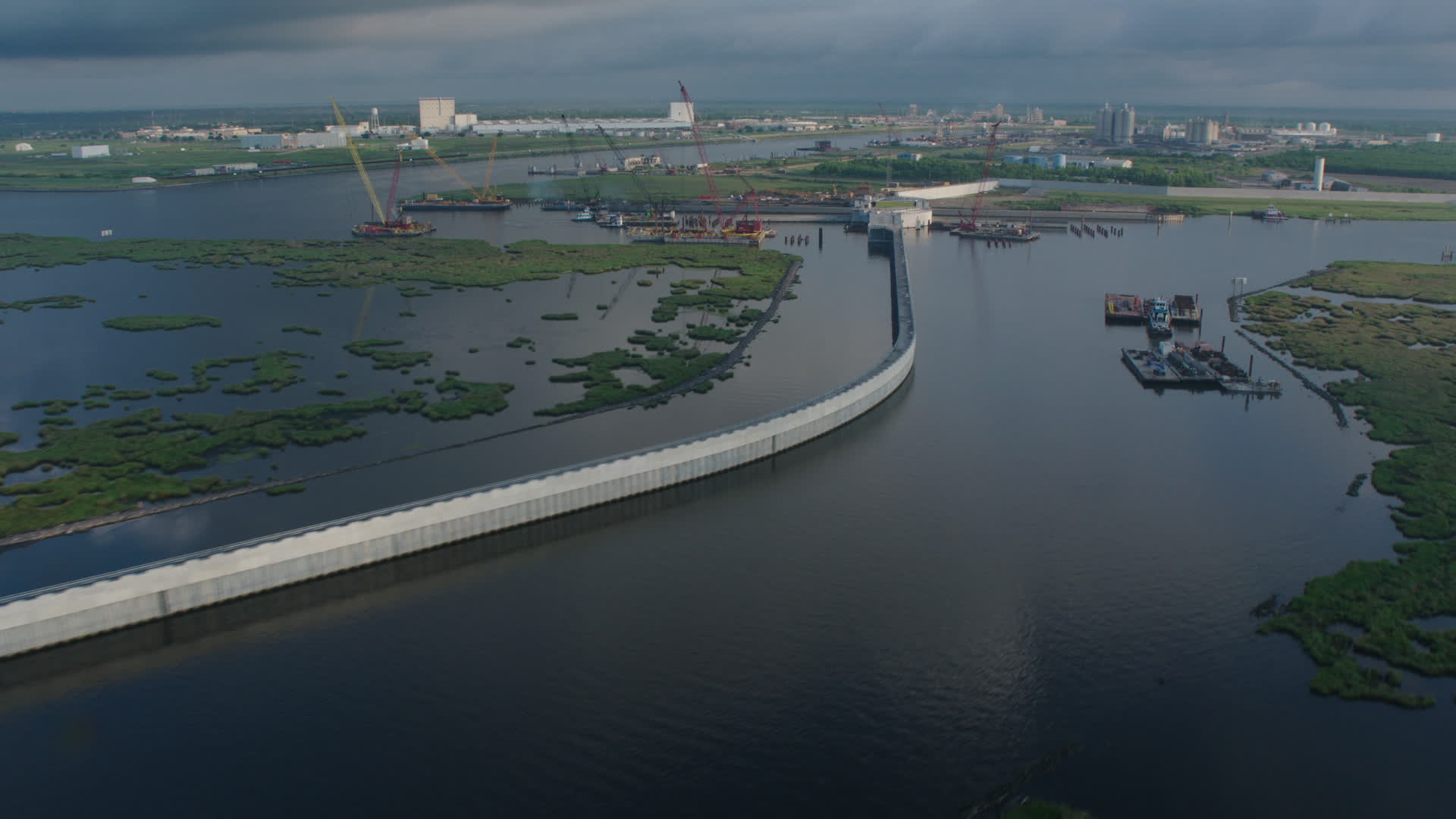 4K stock footage aerial video surge barrier and gate in a St. Bernard