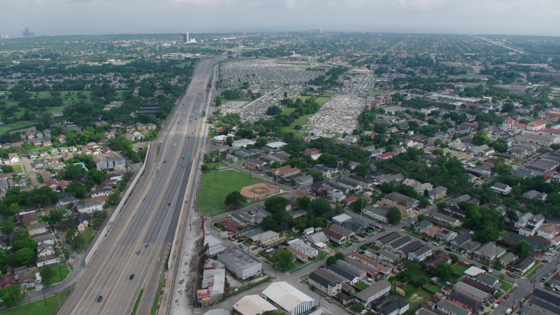 4K stock footage aerial video approach several cemeteries in Lakeview