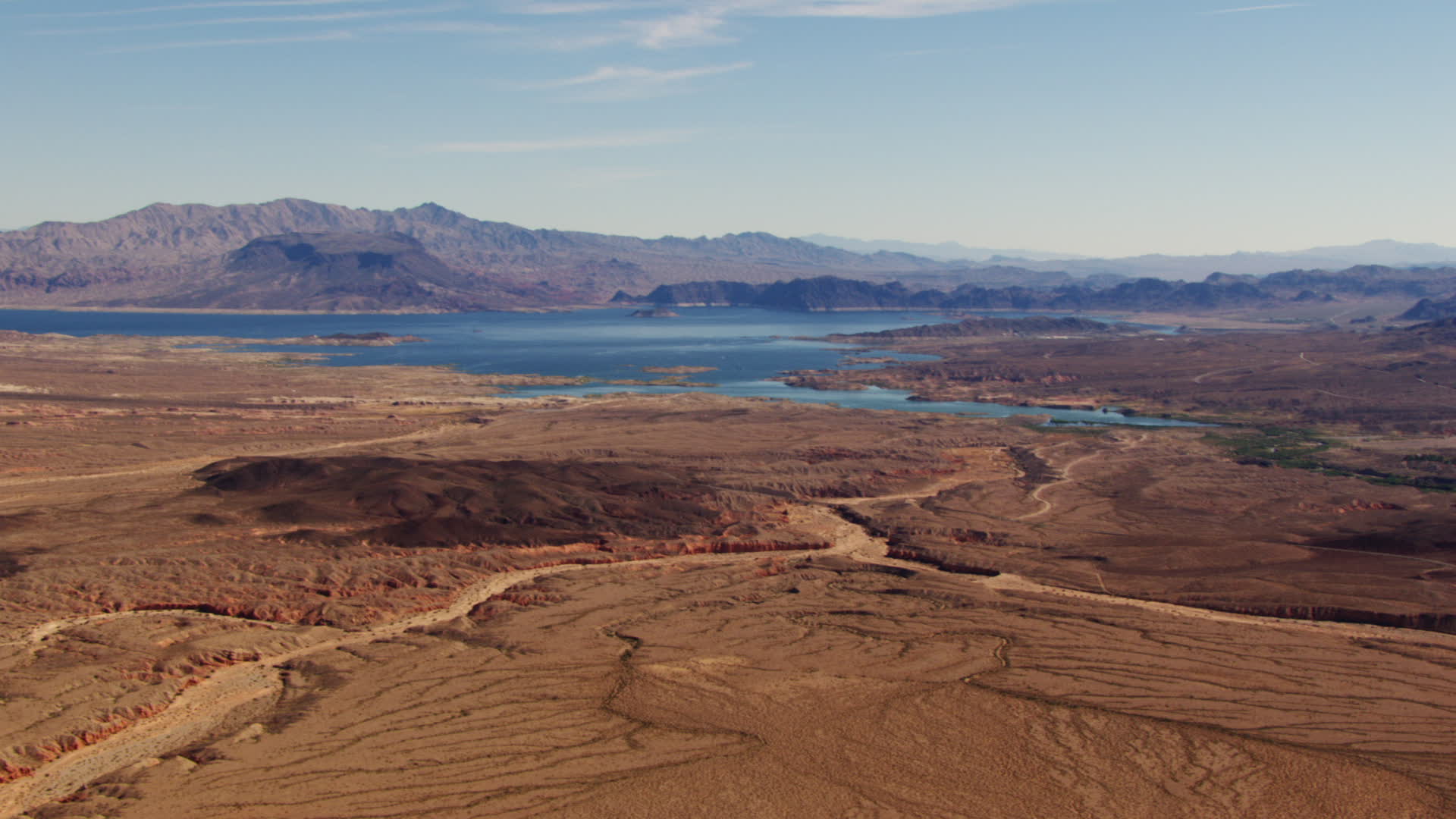 1080 stock footage aerial video of Lake Mead and Nevada desert
