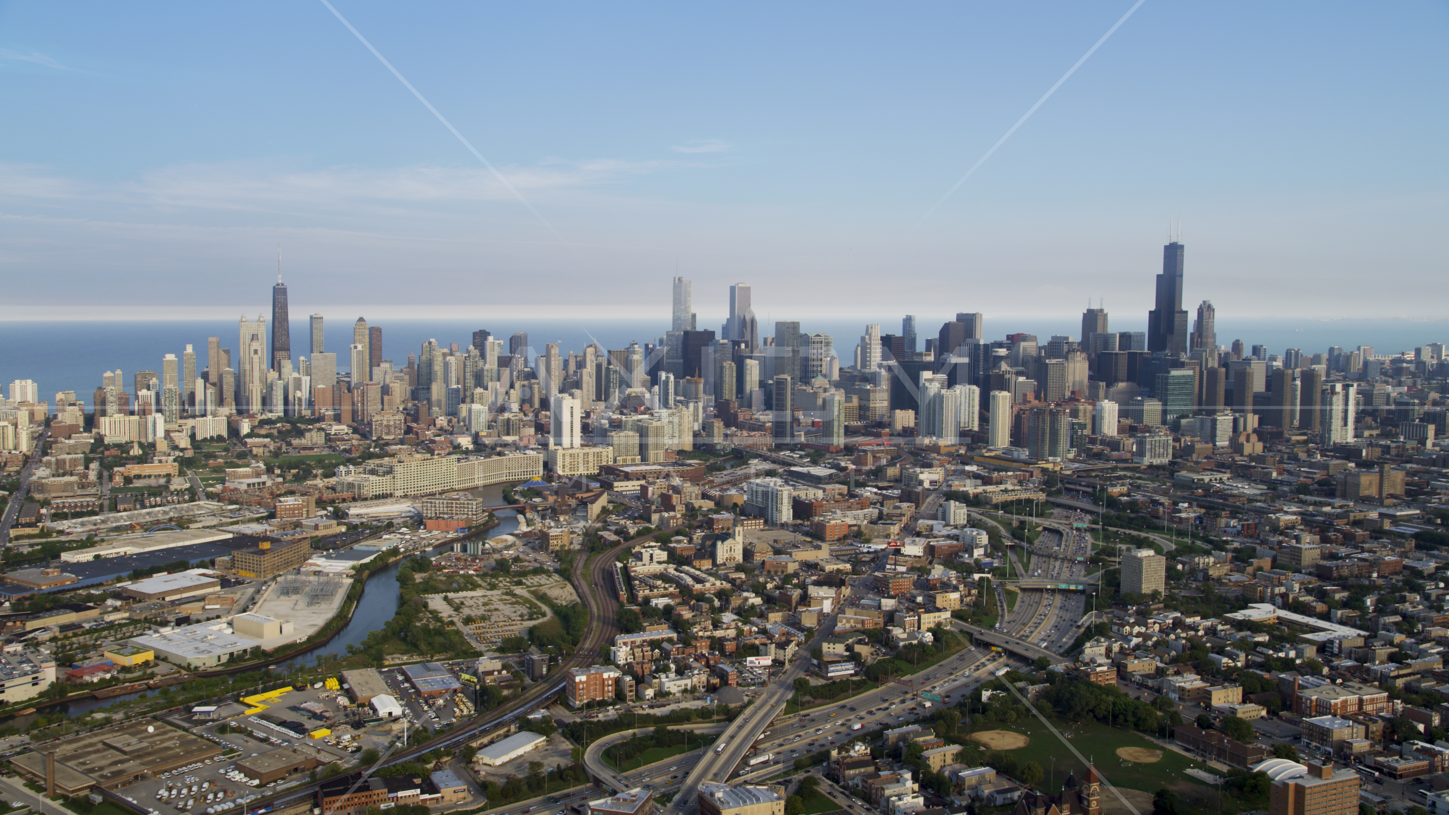 The Downtown Chicago Skyline Seen From The West On A Hazy Day Illinois Aerial Stock Photo Ax0001 063 f Axiom Images