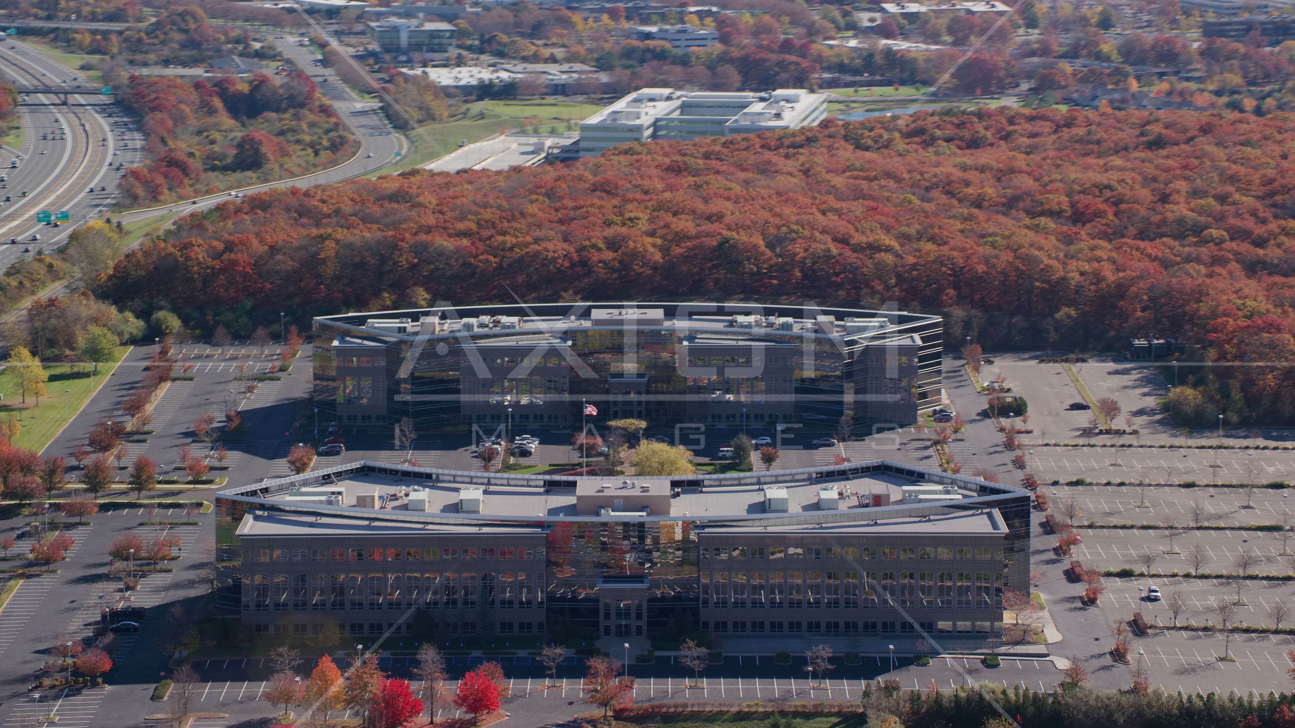Two office buildings in Autumn, Melville, New York Aerial Stock Photo