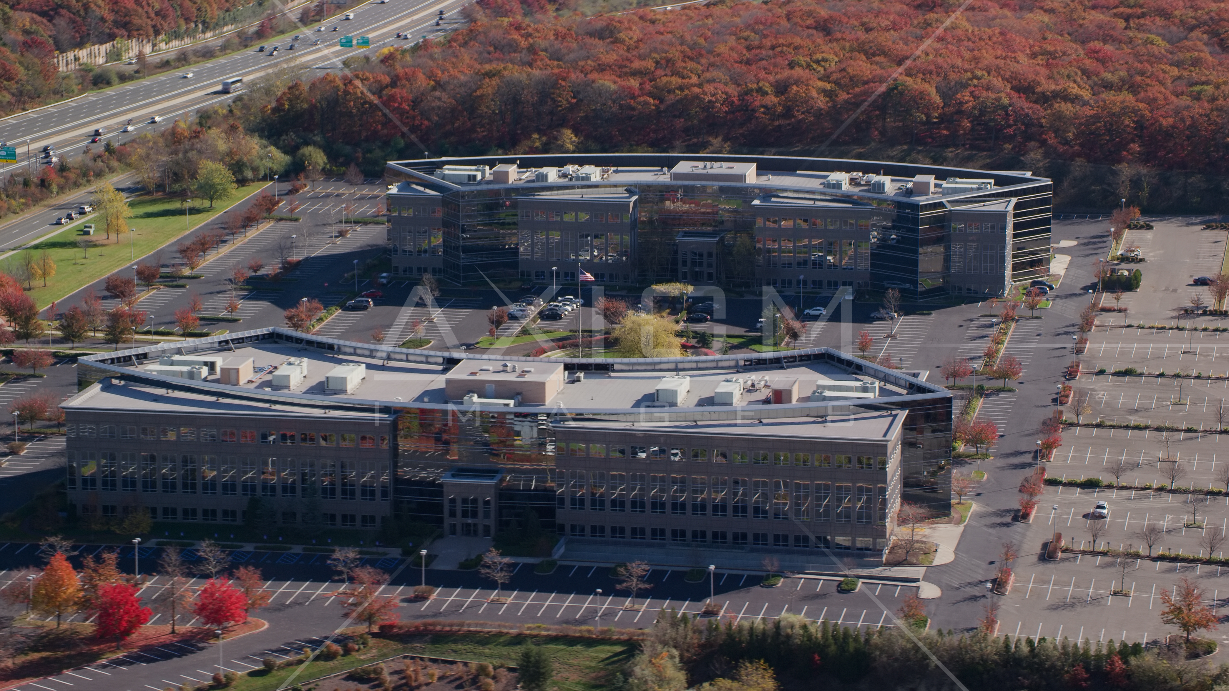 A pair of office buildings in Autumn, Melville, New York Aerial Stock