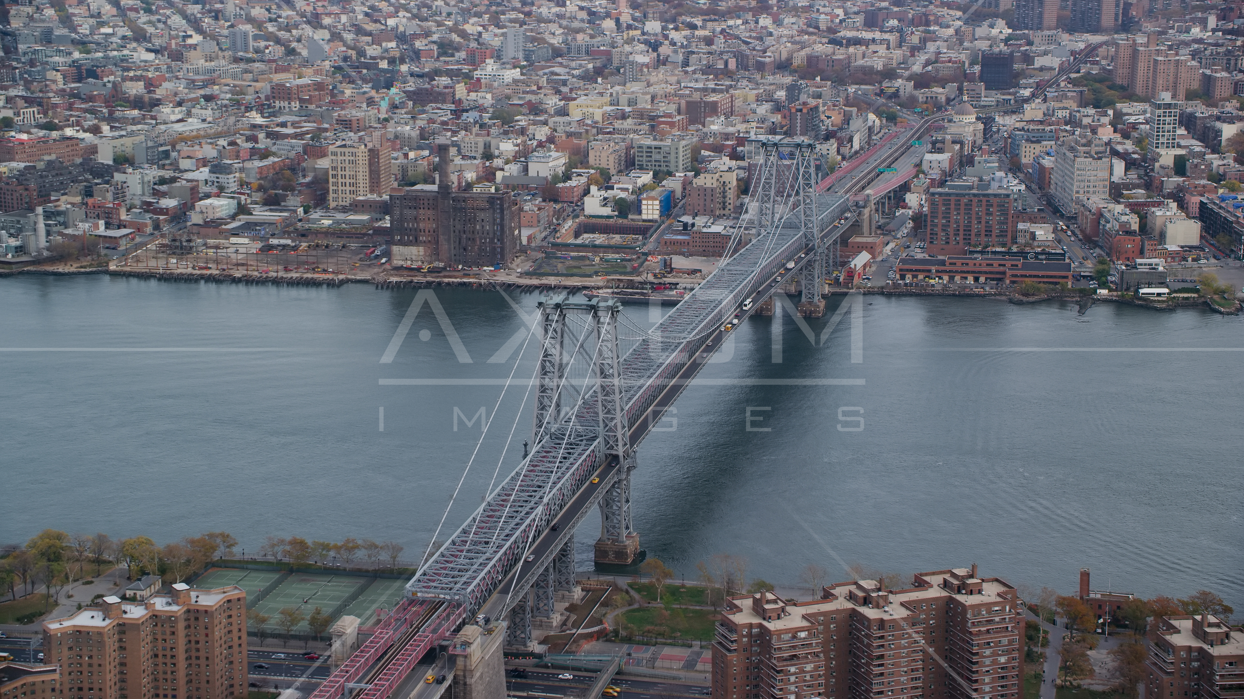 The Williamsburg Bridge in Autumn, New York City Aerial Stock Photo
