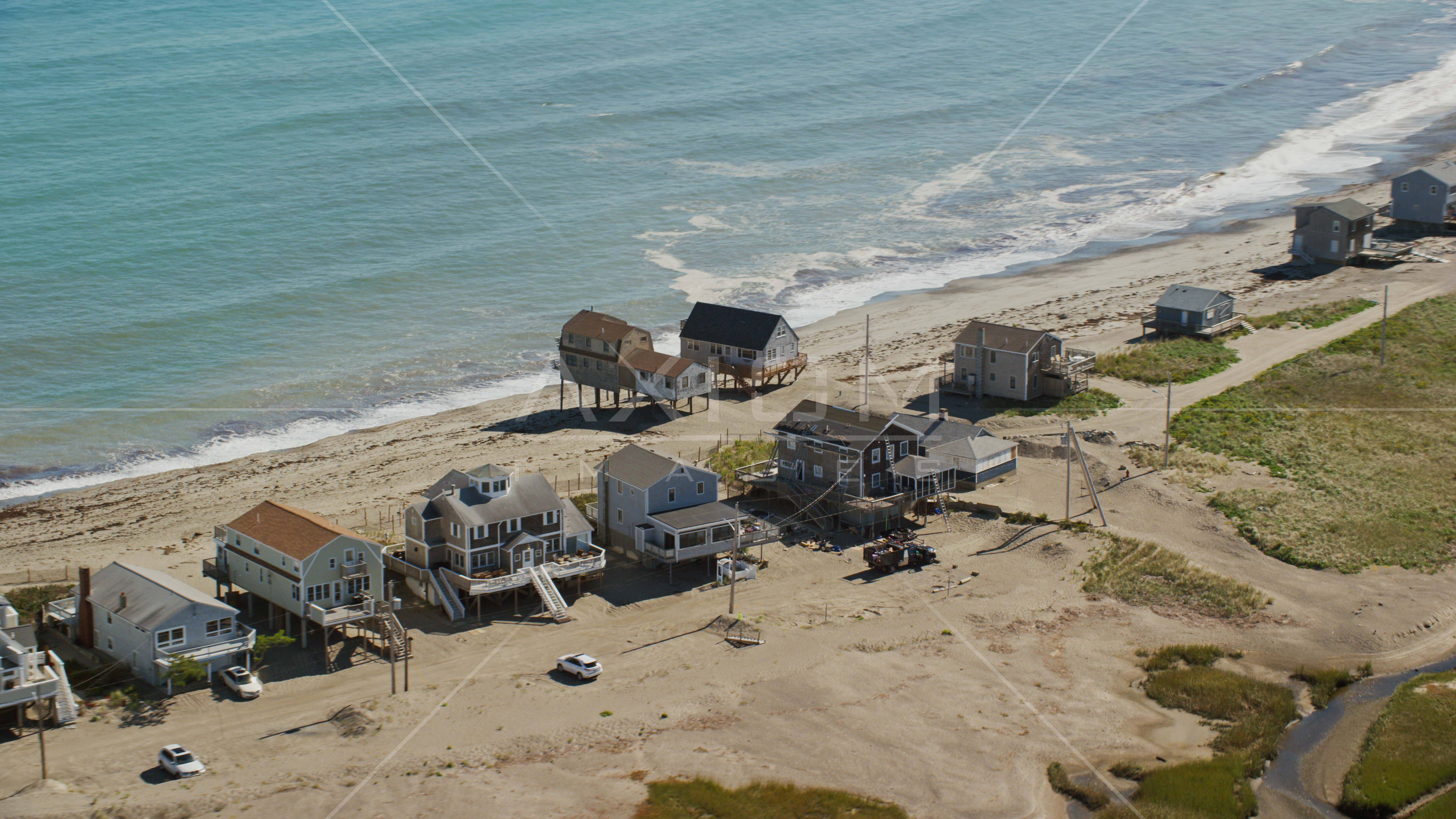 Elevated oceanfront homes, Scituate, Massachusetts Aerial Stock Photo
