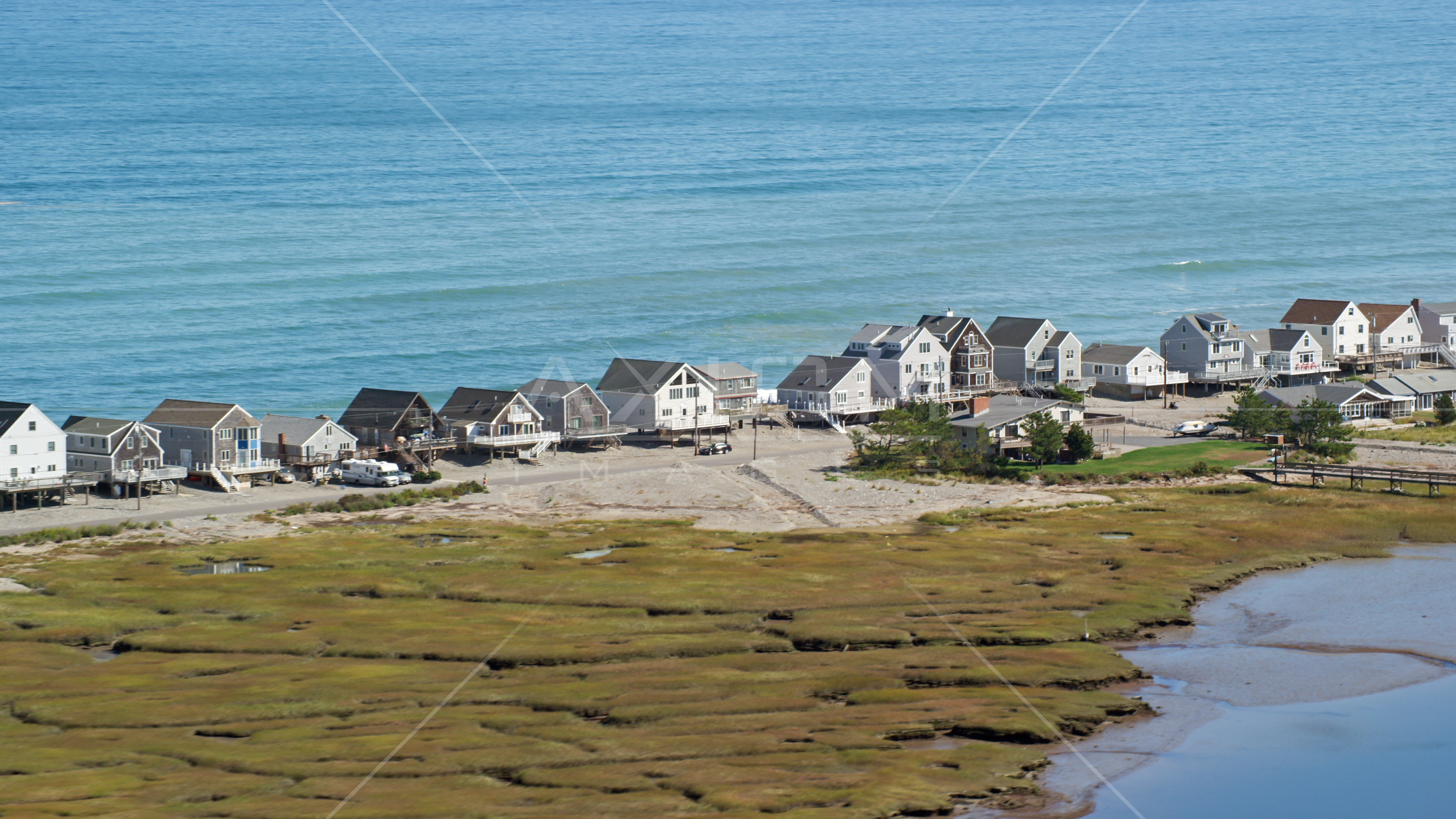A row of elevated oceanfront homes, Humarock, Massachusetts Aerial