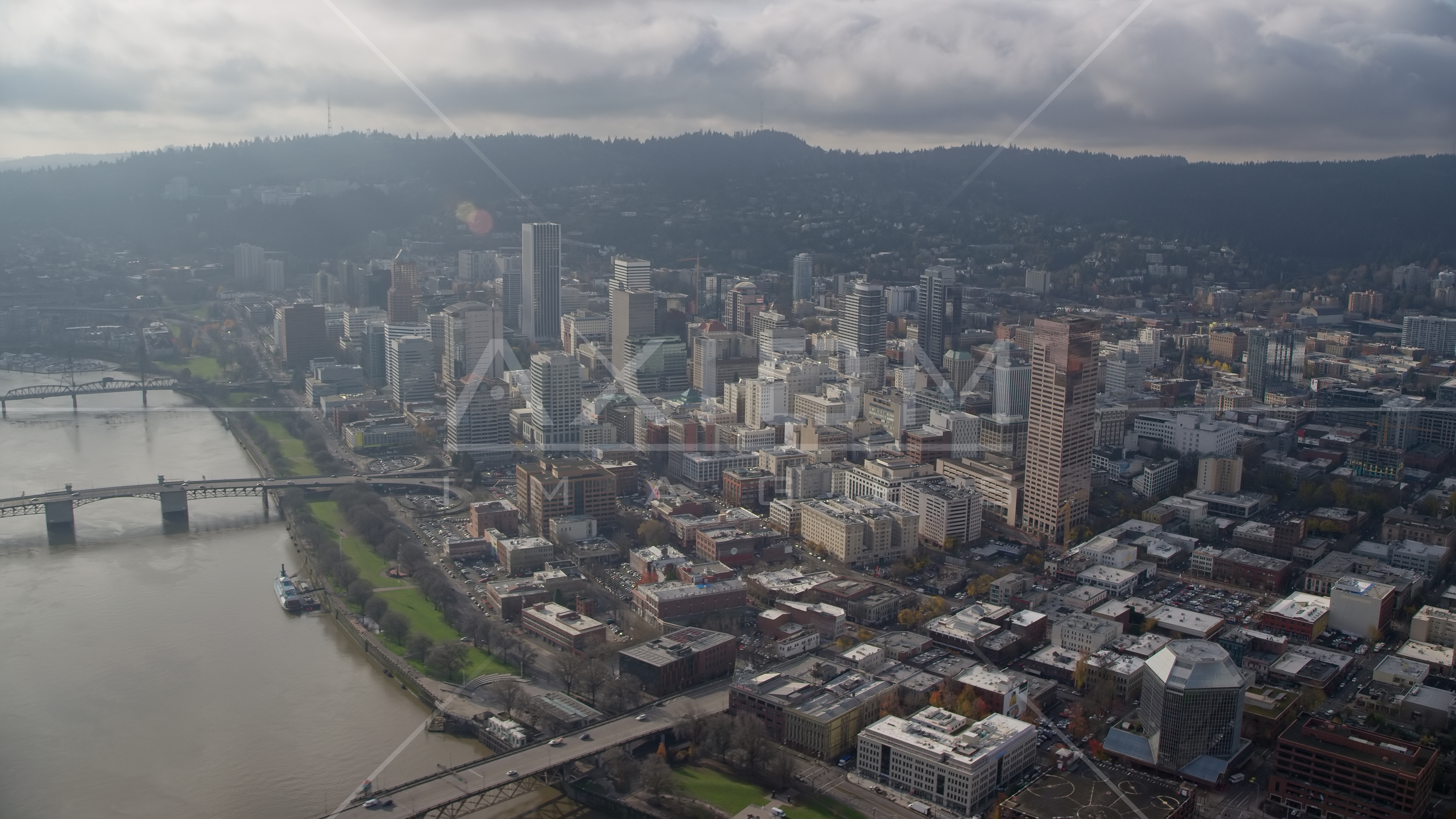 Skyscrapers And High Rises Near The River In Downtown Portland
