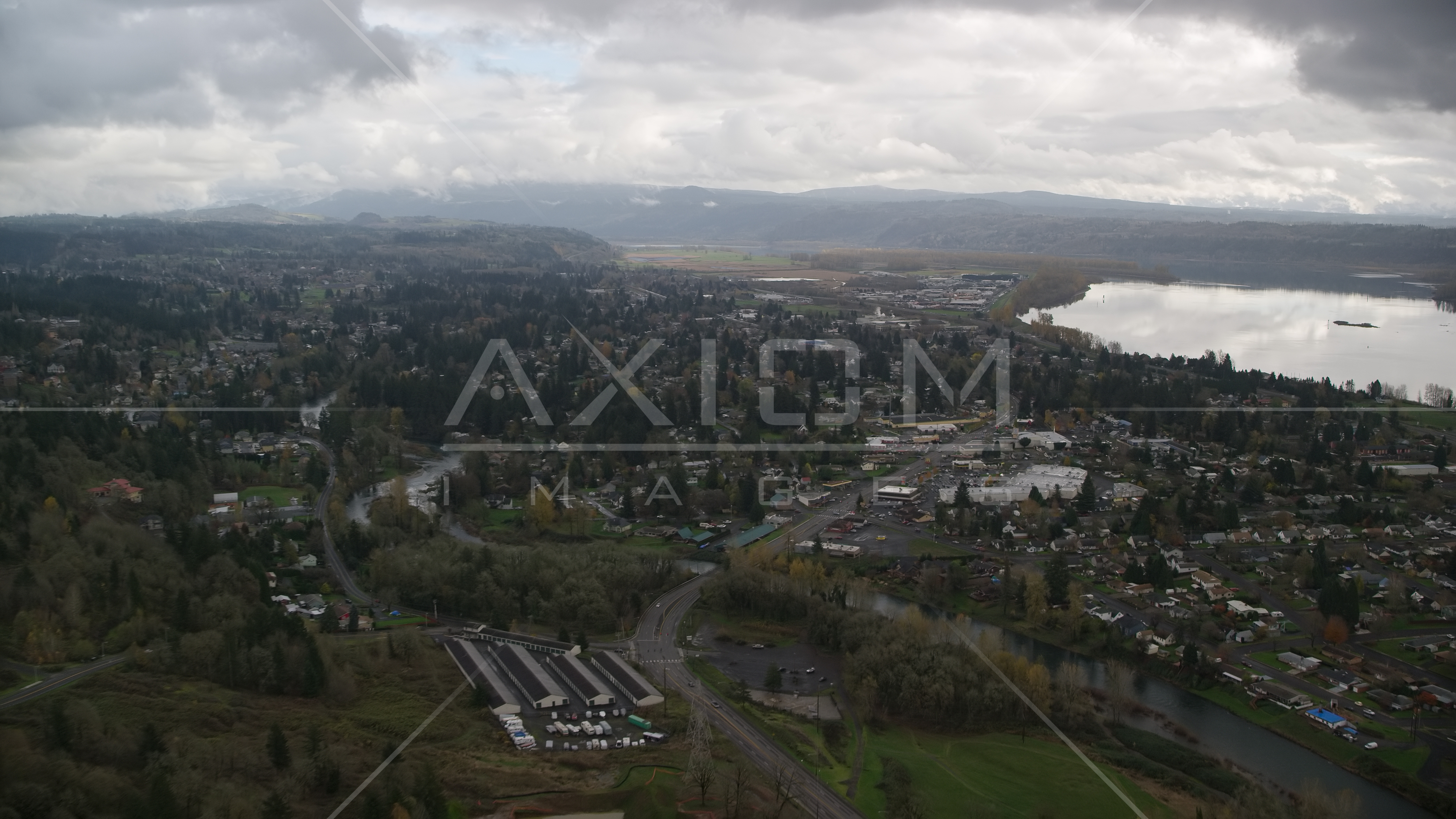 Tract homes and the Washougal River in Washougal, Washington Aerial
