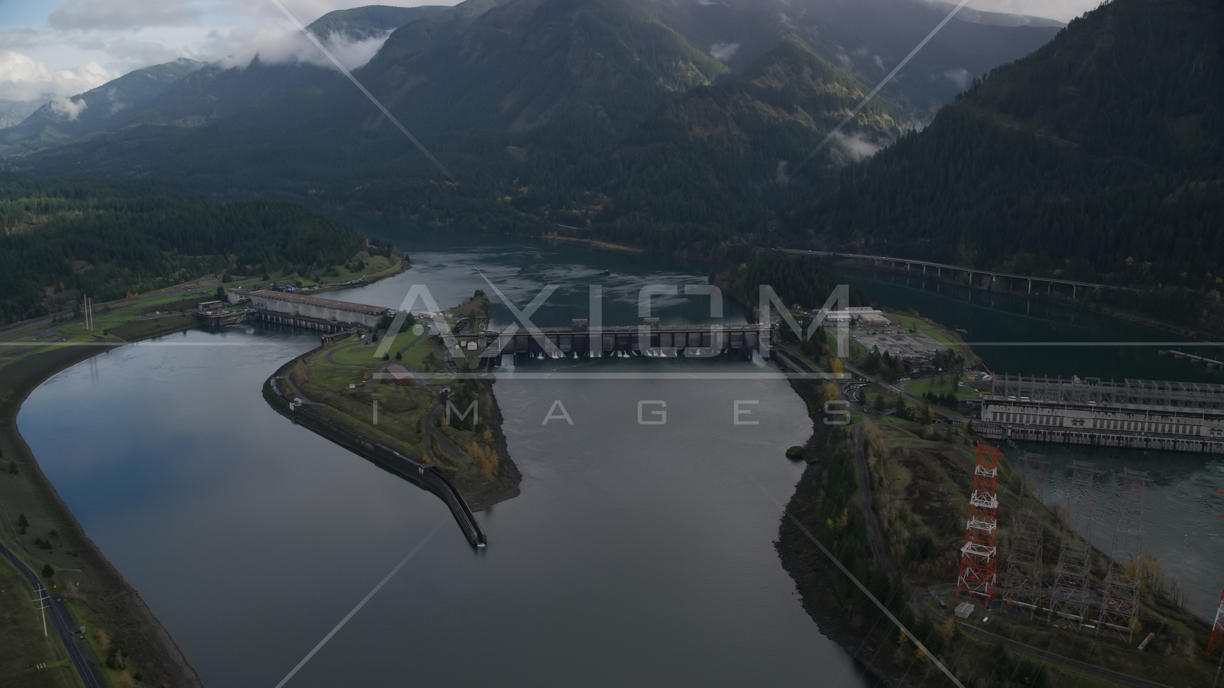 Bonneville Dam in the Columbia River Aerial Stock Photo AX154_030