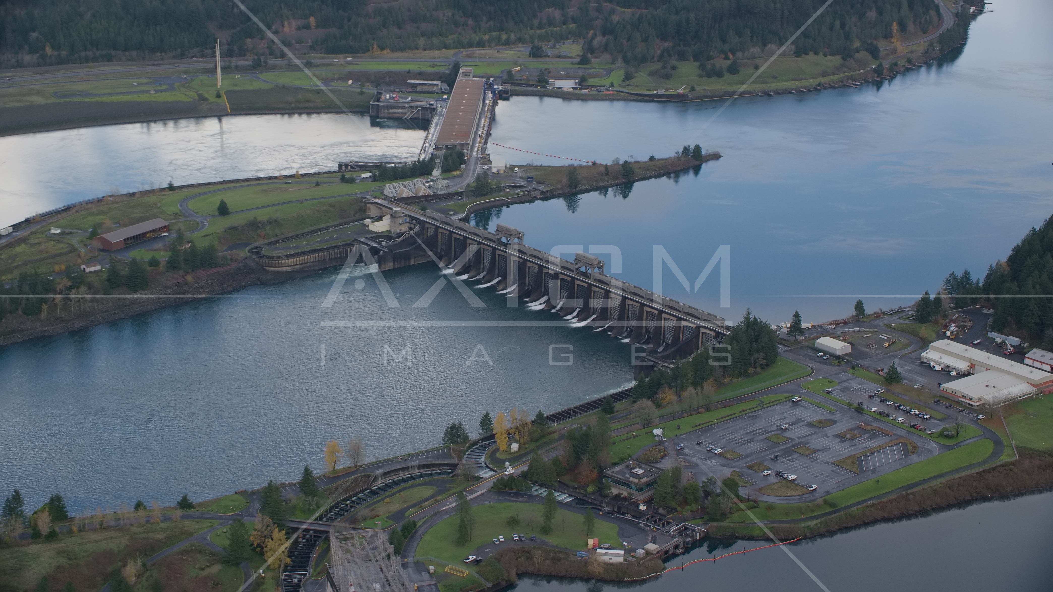 Bonneville Dam in Columbia River Aerial Stock Photo AX154_037