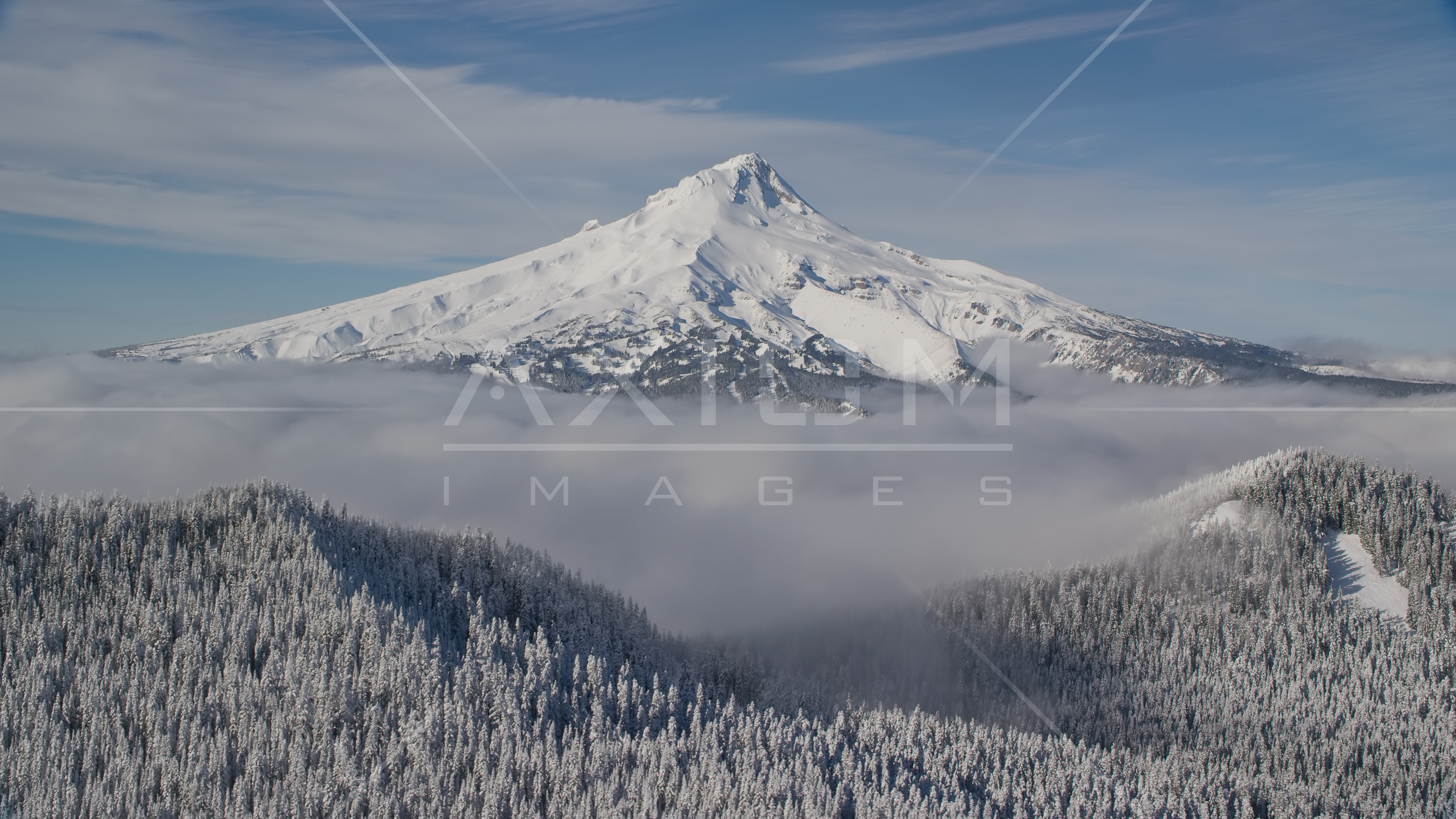 Low clouds and snowy forest at the base of Mount Hood, Cascade Range