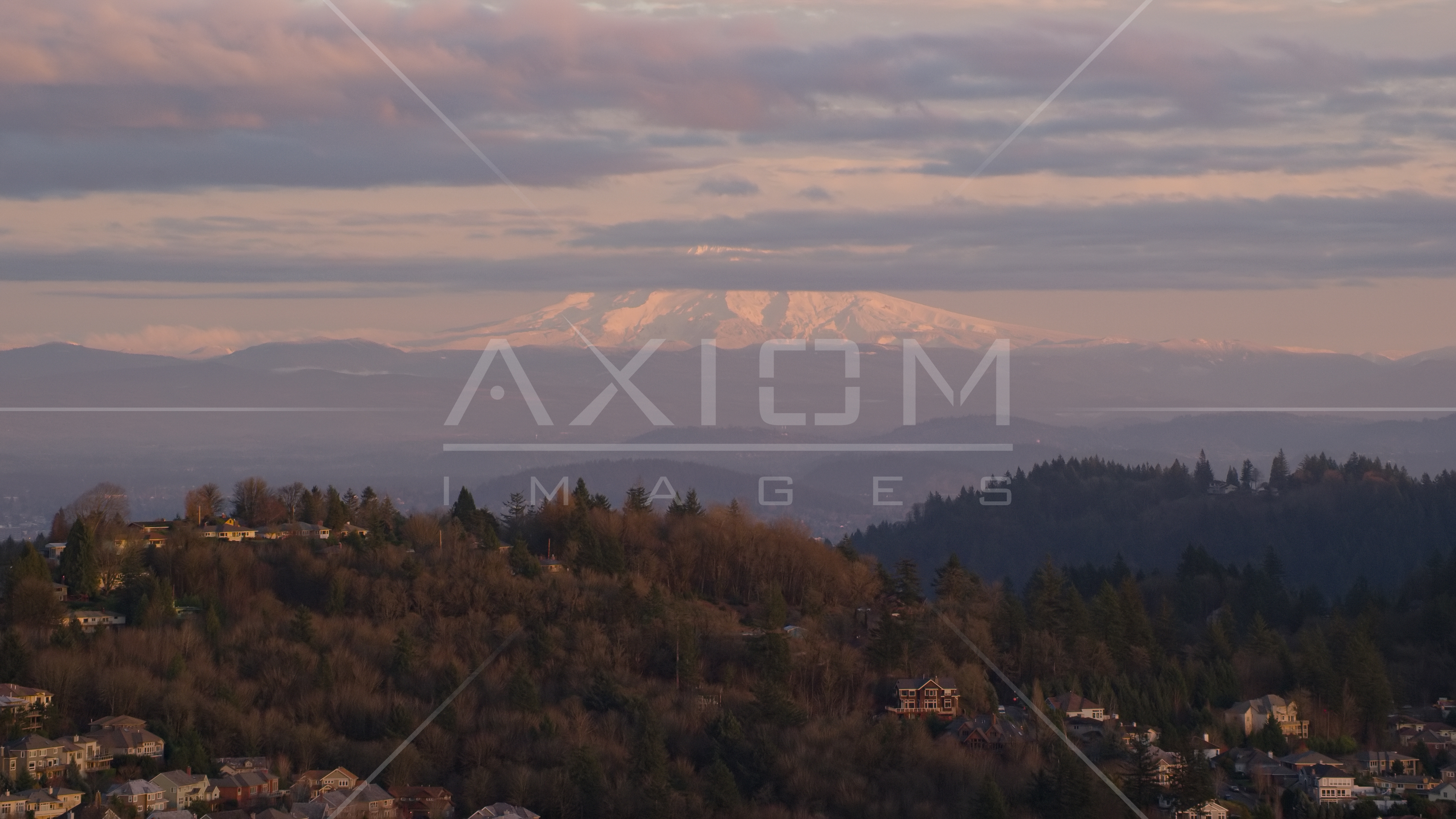 Mount Hood seen from hillside homes in Northwest Portland, Oregon
