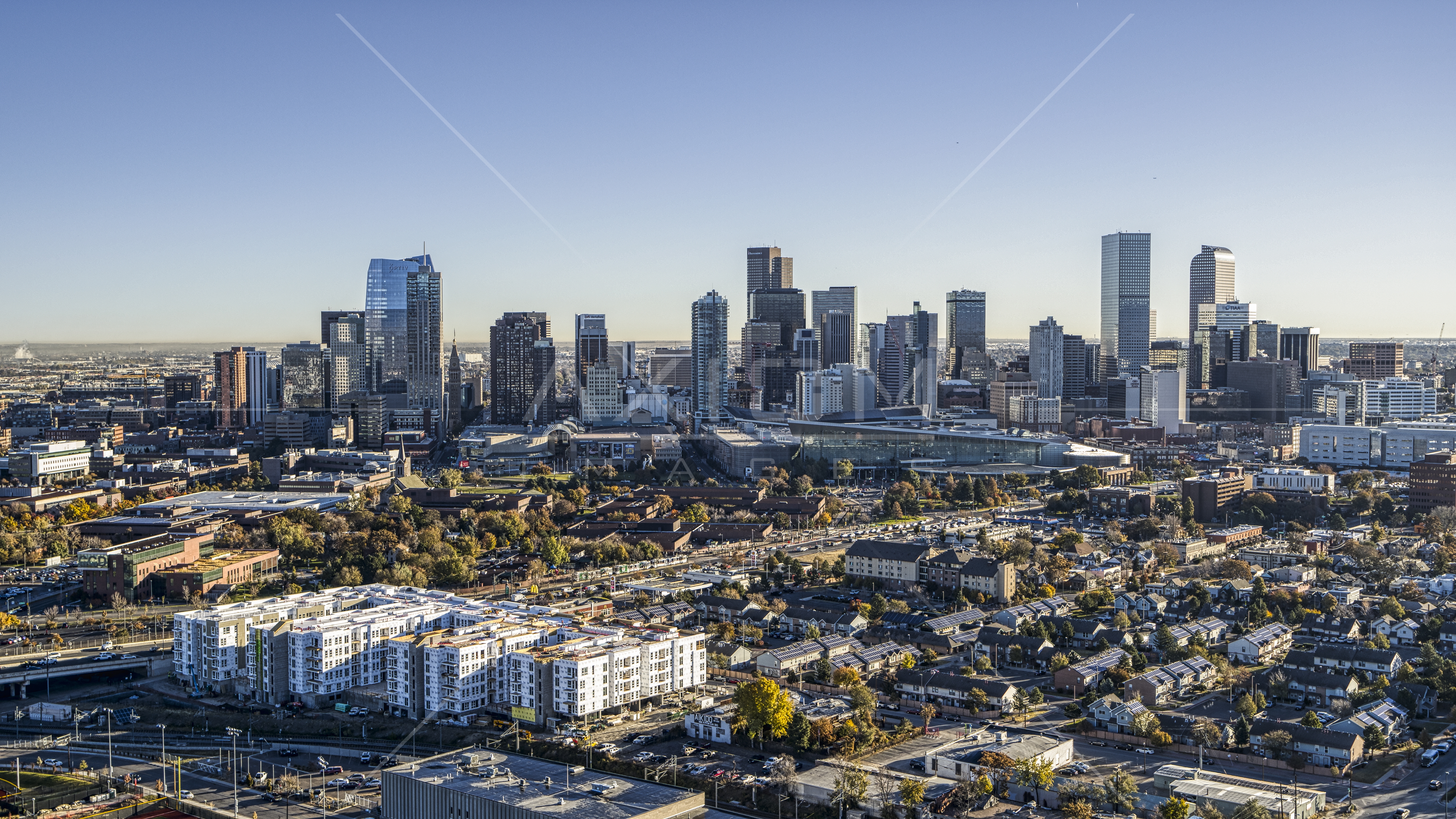 Wide view of towering skyscrapers of city skyline, Downtown Denver