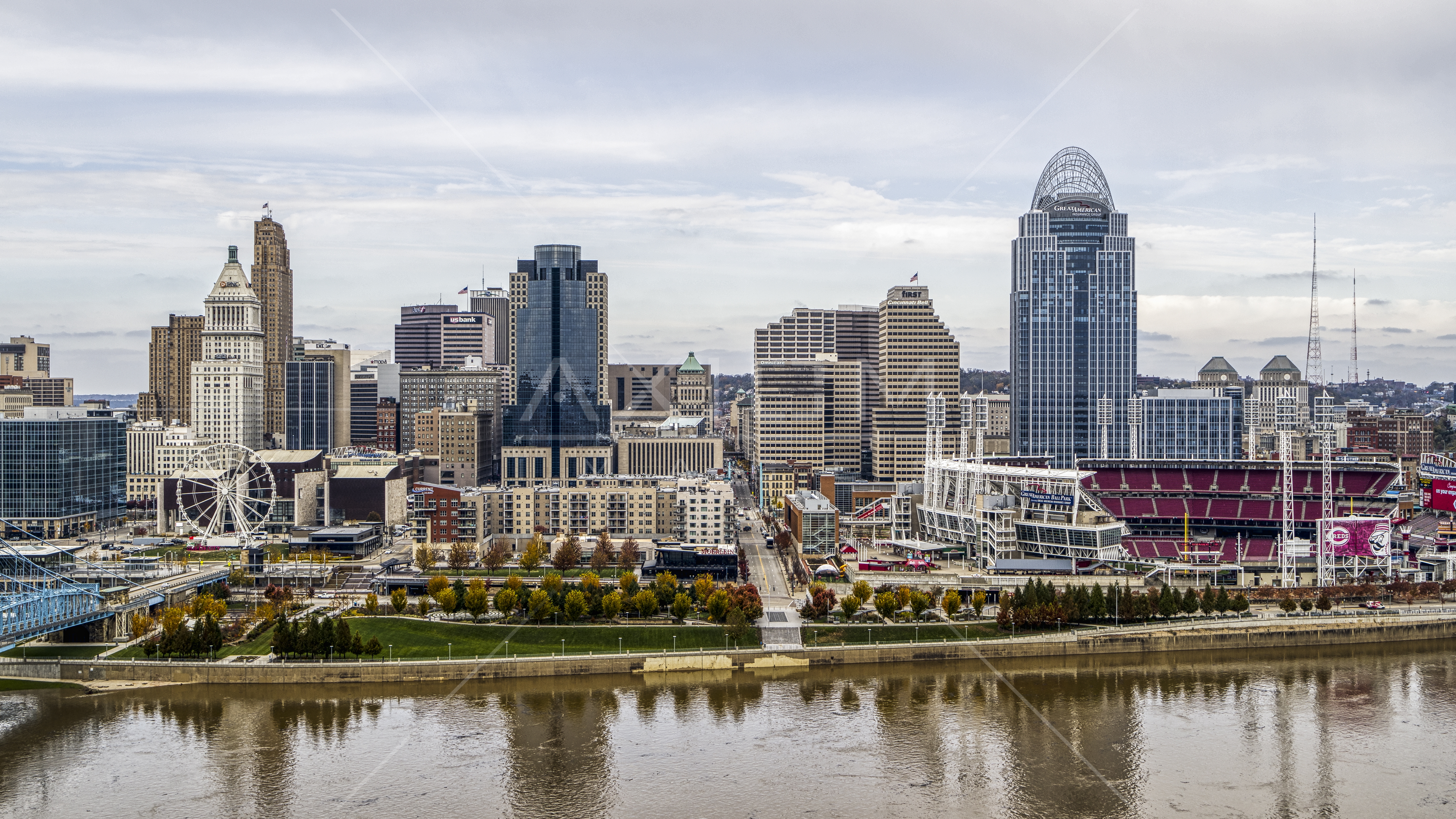 The City S Skyline And Baseball Stadium Beside The Ohio River Downtown Cincinnati Ohio Aerial Stock Photo Dxp001 000450 Axiom Images