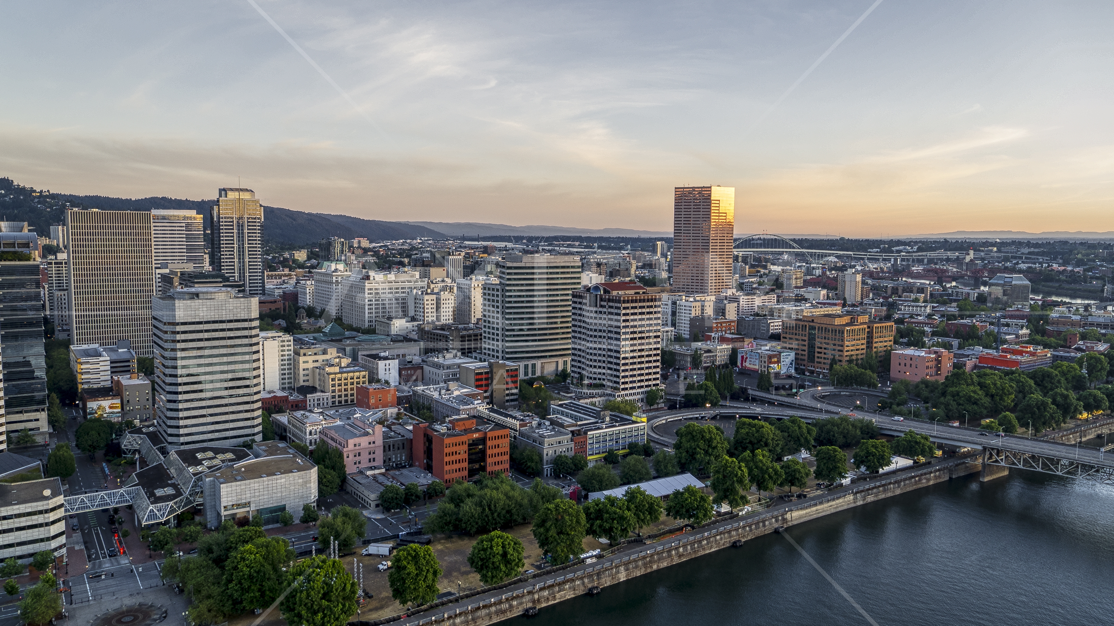 Office buildings and skyscrapers seen from the Willamette River