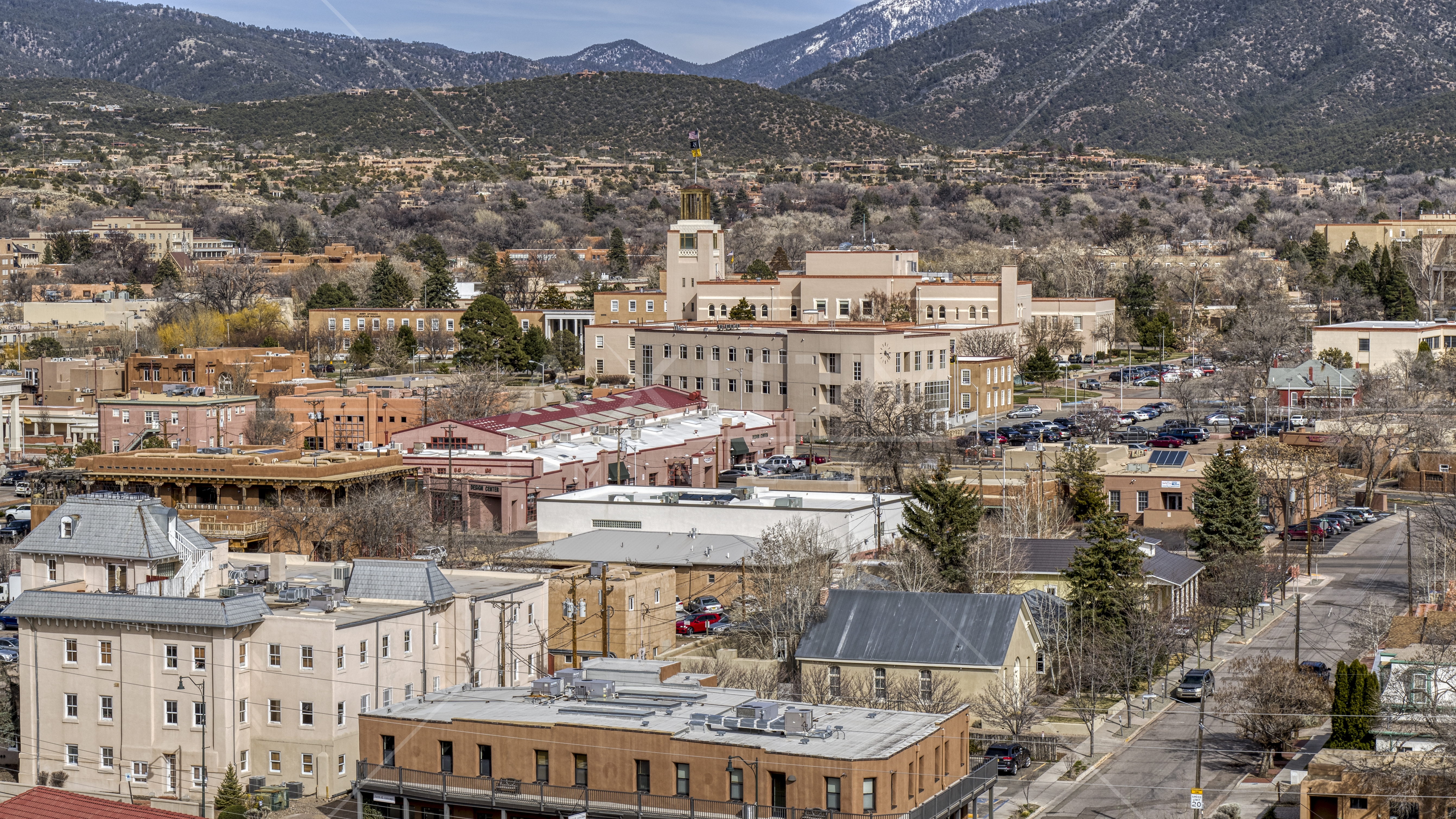 State government buildings in the city's downtown area, Santa Fe, New  Mexico Aerial Stock Photo DXP002_129_0016 | Axiom Images
