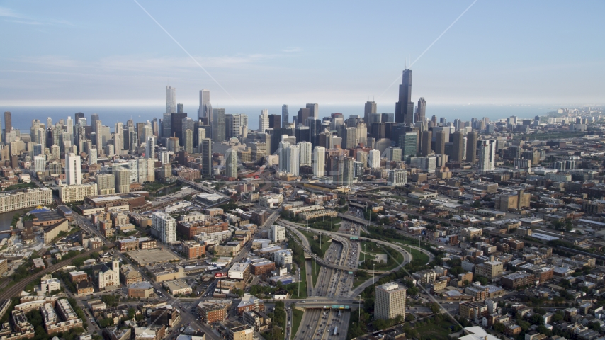 The city's skyline seen from Interstate 90 and 94, Downtown Chicago, Illinois Aerial Stock Photo AX0001_064.0000381F | Axiom Images