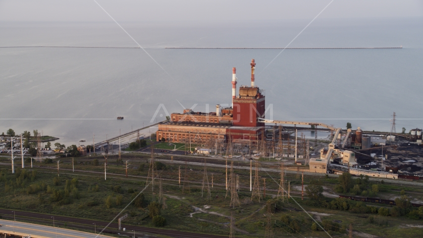 The State Line Generating Plant by Lake Michigan in Hammond, Indiana Aerial Stock Photo AX0003_009.0000322F | Axiom Images