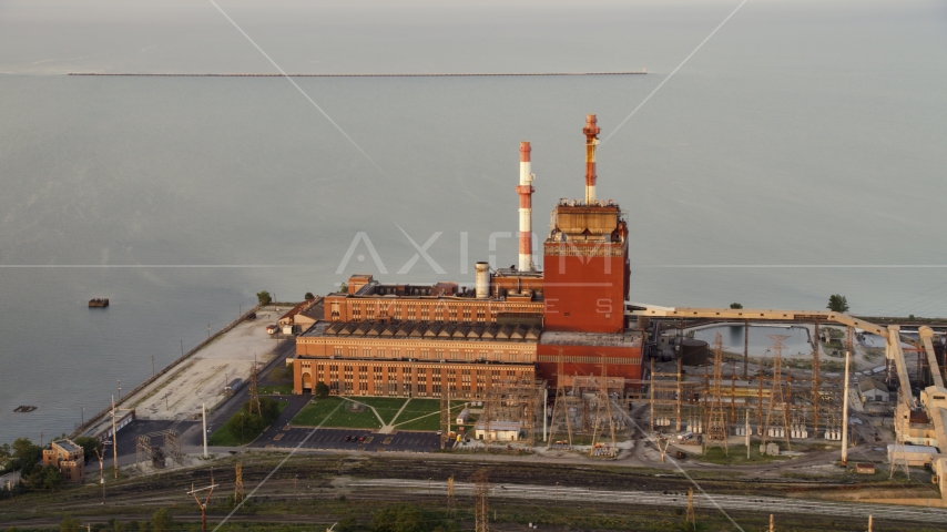 State Line Generating Plant at sunset, Hammond, Indiana Aerial Stock Photo AX0003_010.0000227F | Axiom Images