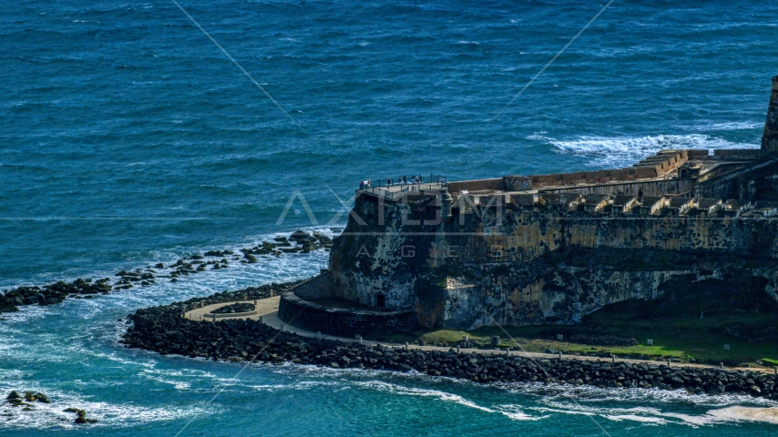 Tourists visiting the Castillo San Felipe del Morro in Old San Juan, Puerto Rico Aerial Stock Photo AX101_021.0000000F | Axiom Images