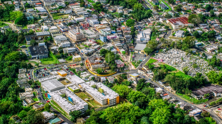The small Caribbean town of Ciales, Puerto Rico Aerial Stock Photo AX101_047.0000197F | Axiom Images