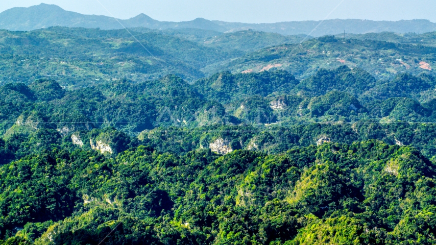 Limestone cliffs and lush green Karst Forest, Puerto Rico Aerial Stock Photo AX101_088.0000000F | Axiom Images