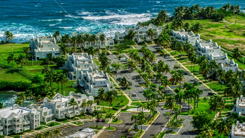 Caribbean island condominium complex in Dorado, Puerto Rico Aerial Stock Photo AX101_218.0000281F | Axiom Images