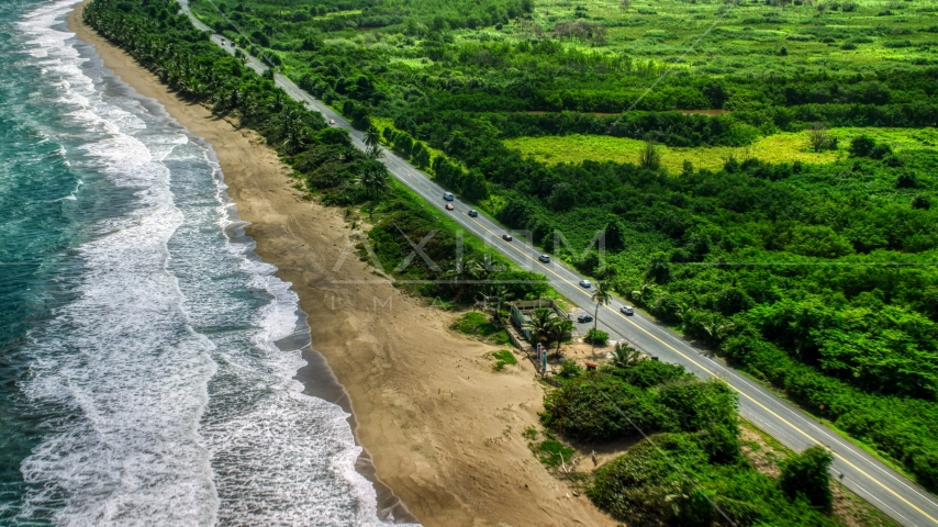 Coastal highway and island beach in Dorado, Puerto Rico Aerial Stock Photo AX101_223.0000000F | Axiom Images