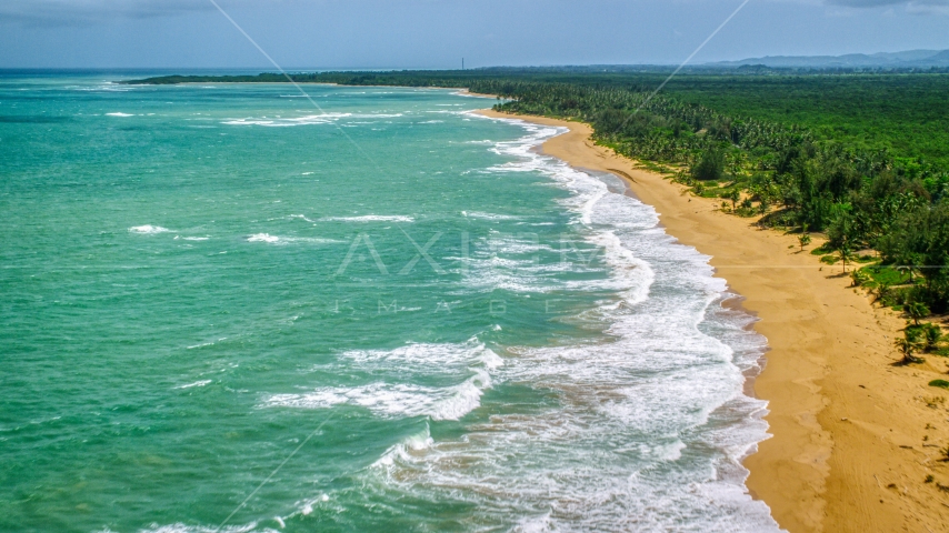Waves rolling in to an empty Caribbean island beach in Loiza, Puerto Rico Aerial Stock Photo AX102_022.0000119F | Axiom Images