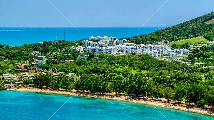 The Ocean Club at Seven Seas and the beach, Fajardo, Puerto Rico Aerial Stock Photo AX102_059.0000000F | Axiom Images