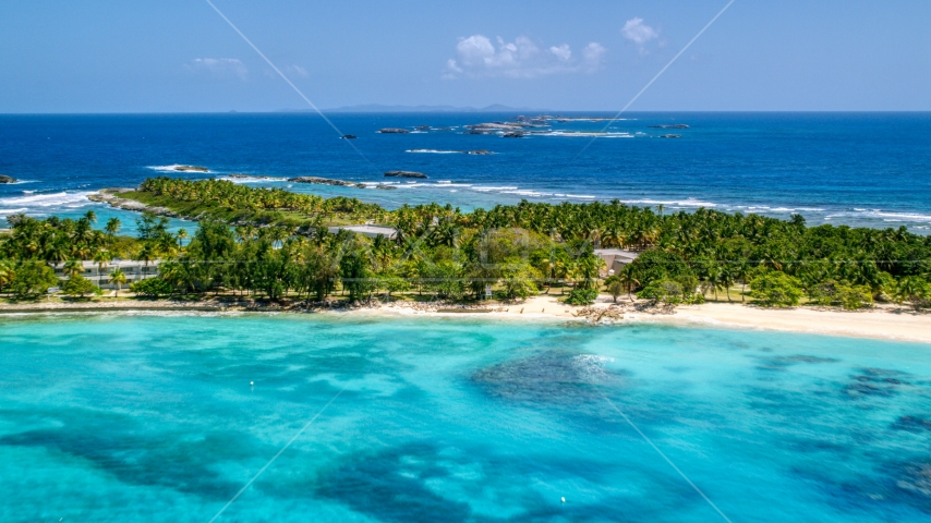 Small island with trees and tropical blue waters, Puerto Rico Aerial Stock Photo AX102_084.0000000F | Axiom Images