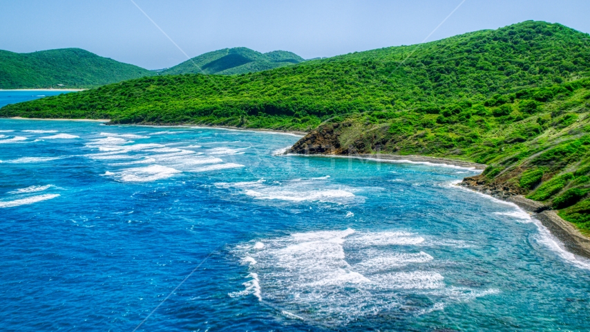 Sapphire blue waters and green covered coastline, Culebra, Puerto Rico Aerial Stock Photo AX102_110.0000000F | Axiom Images